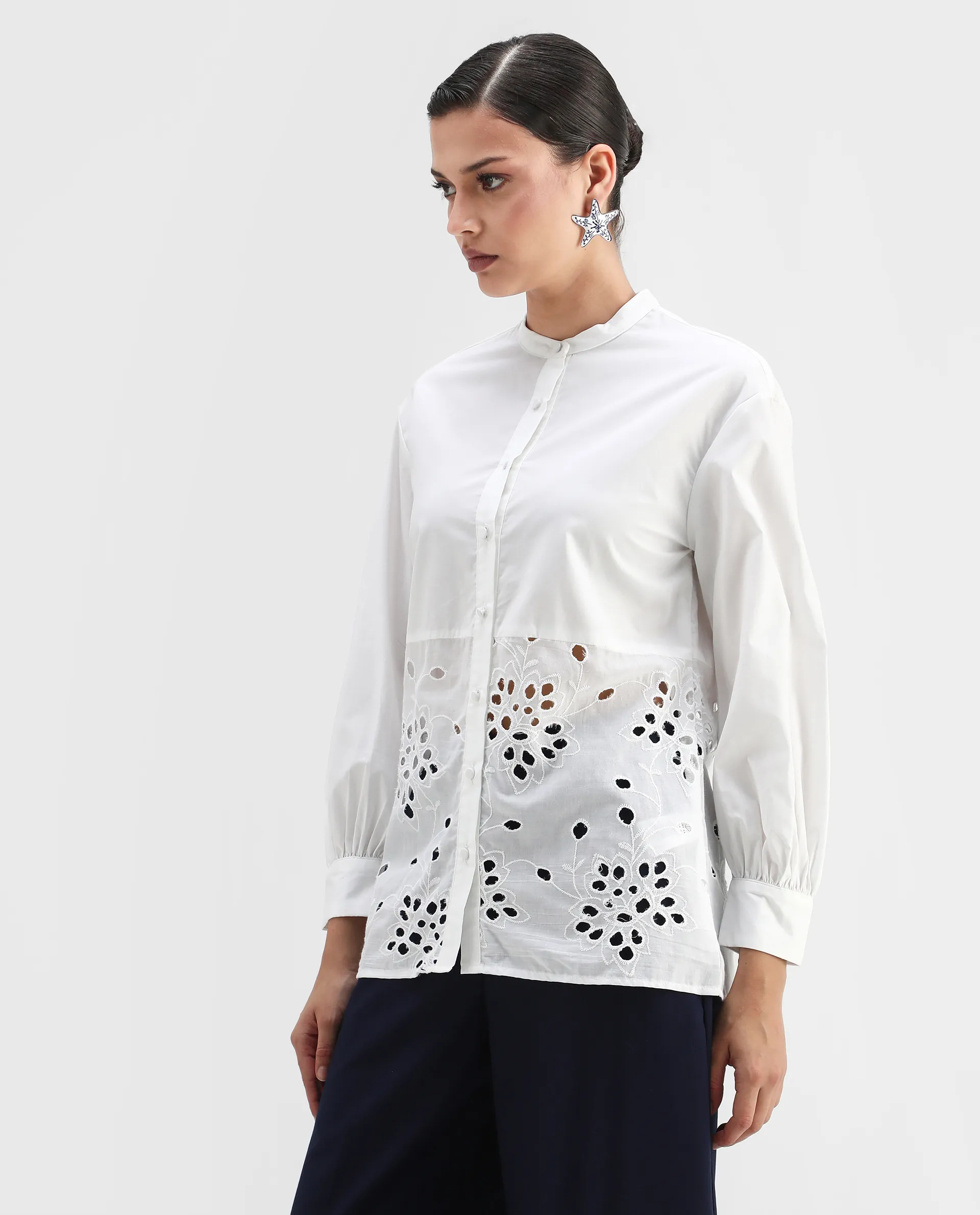 Rareism Women's Oia White Cotton Mandarin Collar Plain Cuffed Sleeve Relaxed Fit Top - Image 5