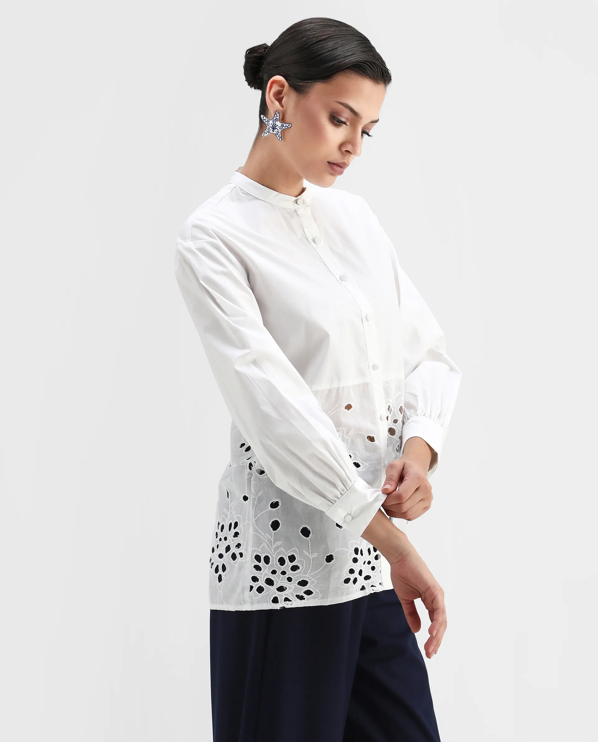 Rareism Women's Oia White Cotton Mandarin Collar Plain Cuffed Sleeve Relaxed Fit Top - Image 6