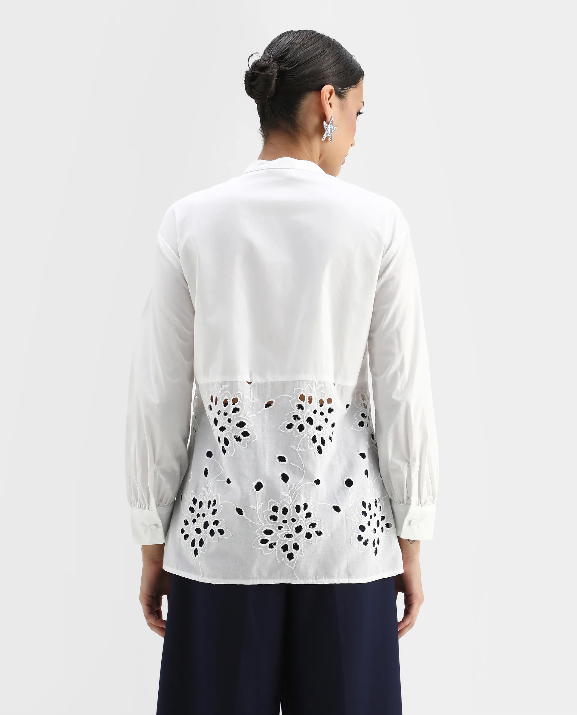 Rareism Women's Oia White Cotton Mandarin Collar Plain Cuffed Sleeve Relaxed Fit Top - Image 7