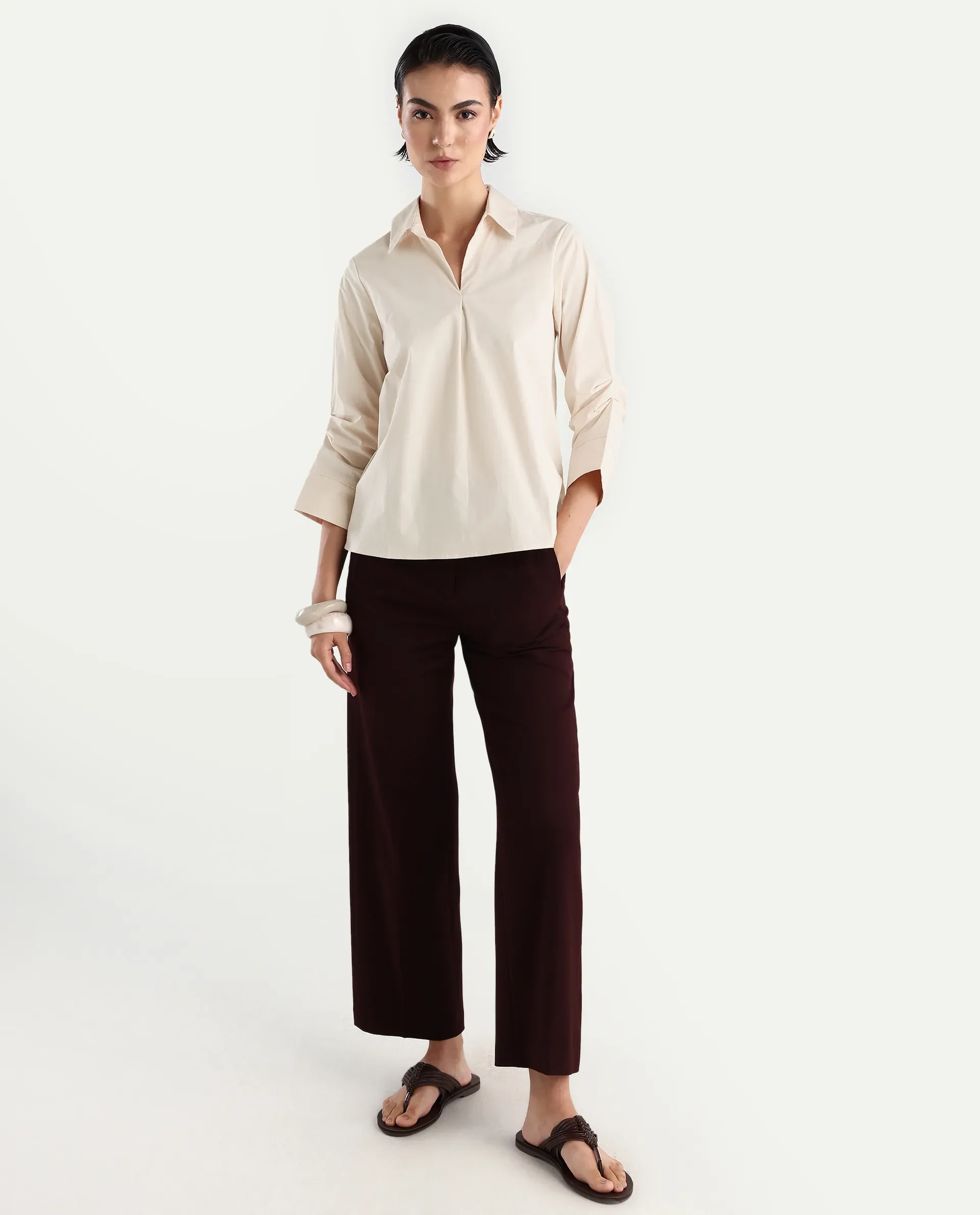 Rareism Women's Oilip Beige Cotton Blend V-Neck Plain Slit Sleeve Regular Fit Top - Image 2