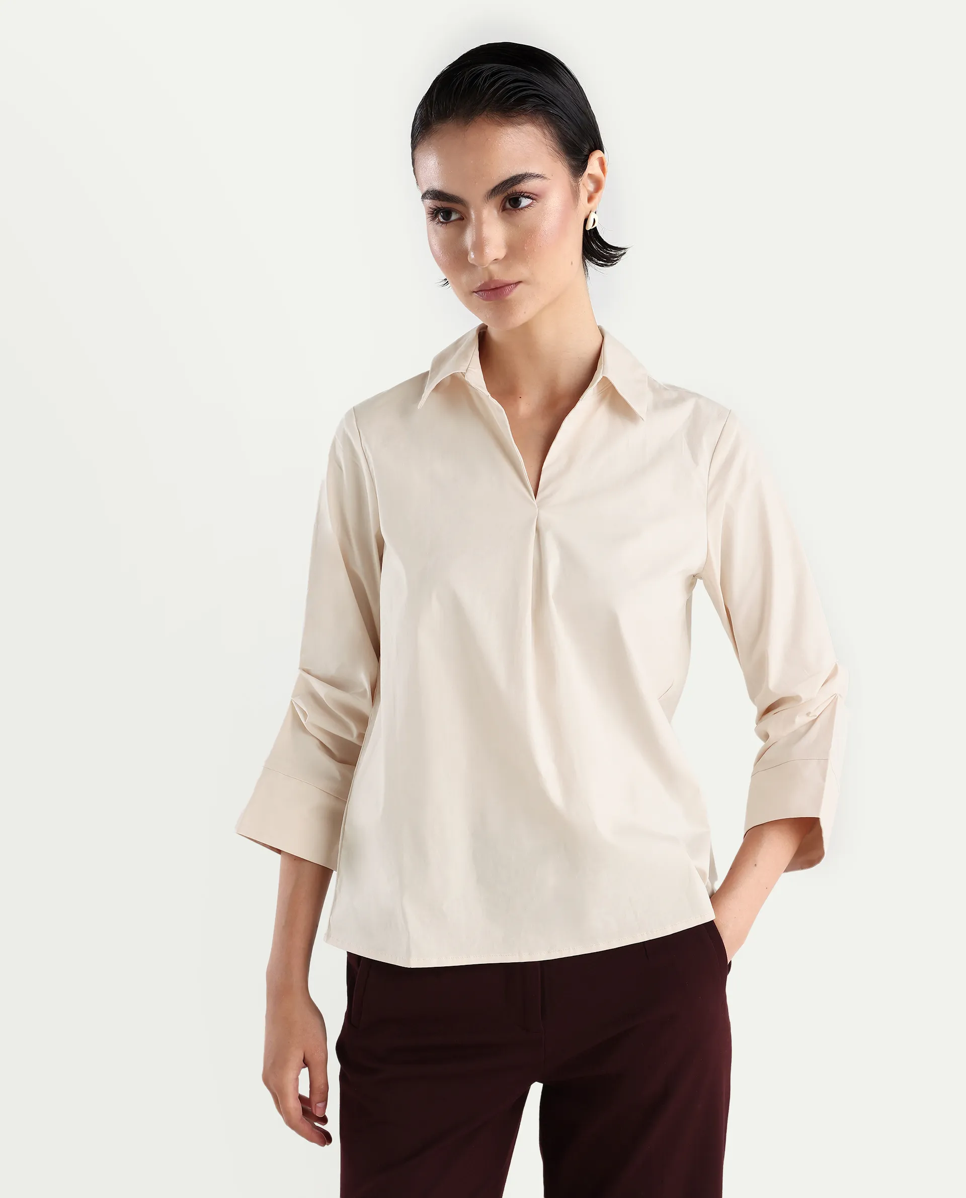 Rareism Women's Oilip Beige Cotton Blend V-Neck Plain Slit Sleeve Regular Fit Top - Image 3