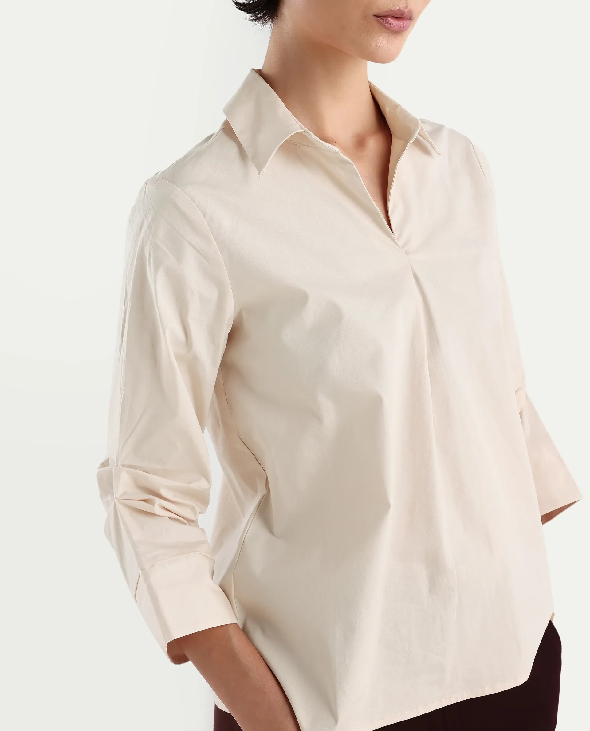 Rareism Women's Oilip Beige Cotton Blend V-Neck Plain Slit Sleeve Regular Fit Top - Image 4