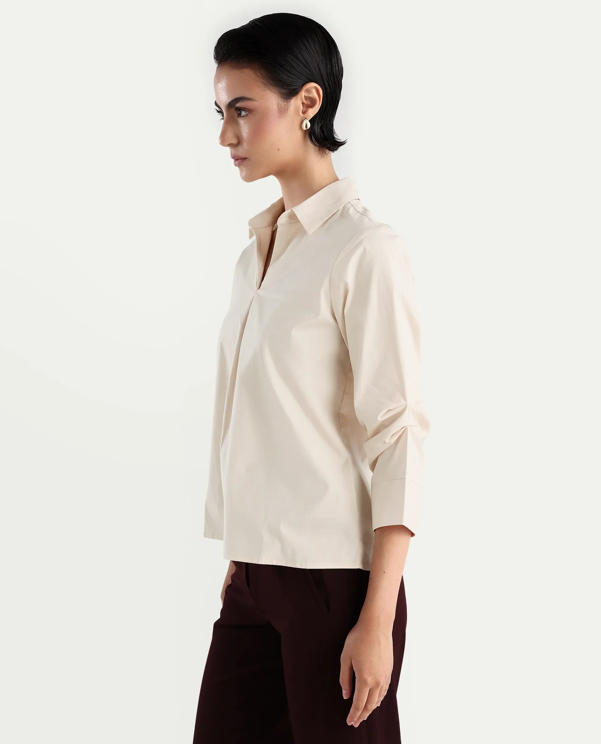 Rareism Women's Oilip Beige Cotton Blend V-Neck Plain Slit Sleeve Regular Fit Top - Image 5