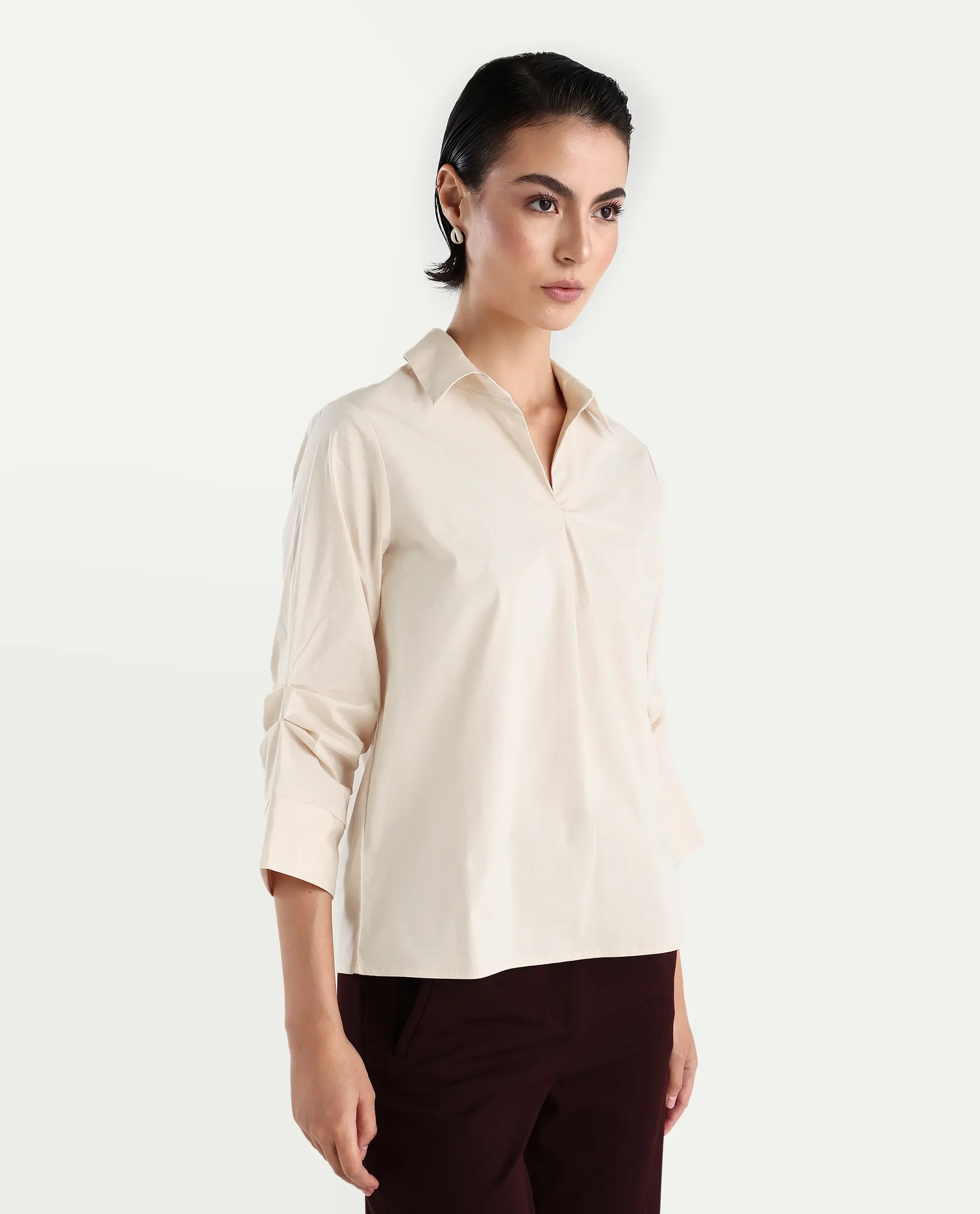 Rareism Women's Oilip Beige Cotton Blend V-Neck Plain Slit Sleeve Regular Fit Top - Image 6