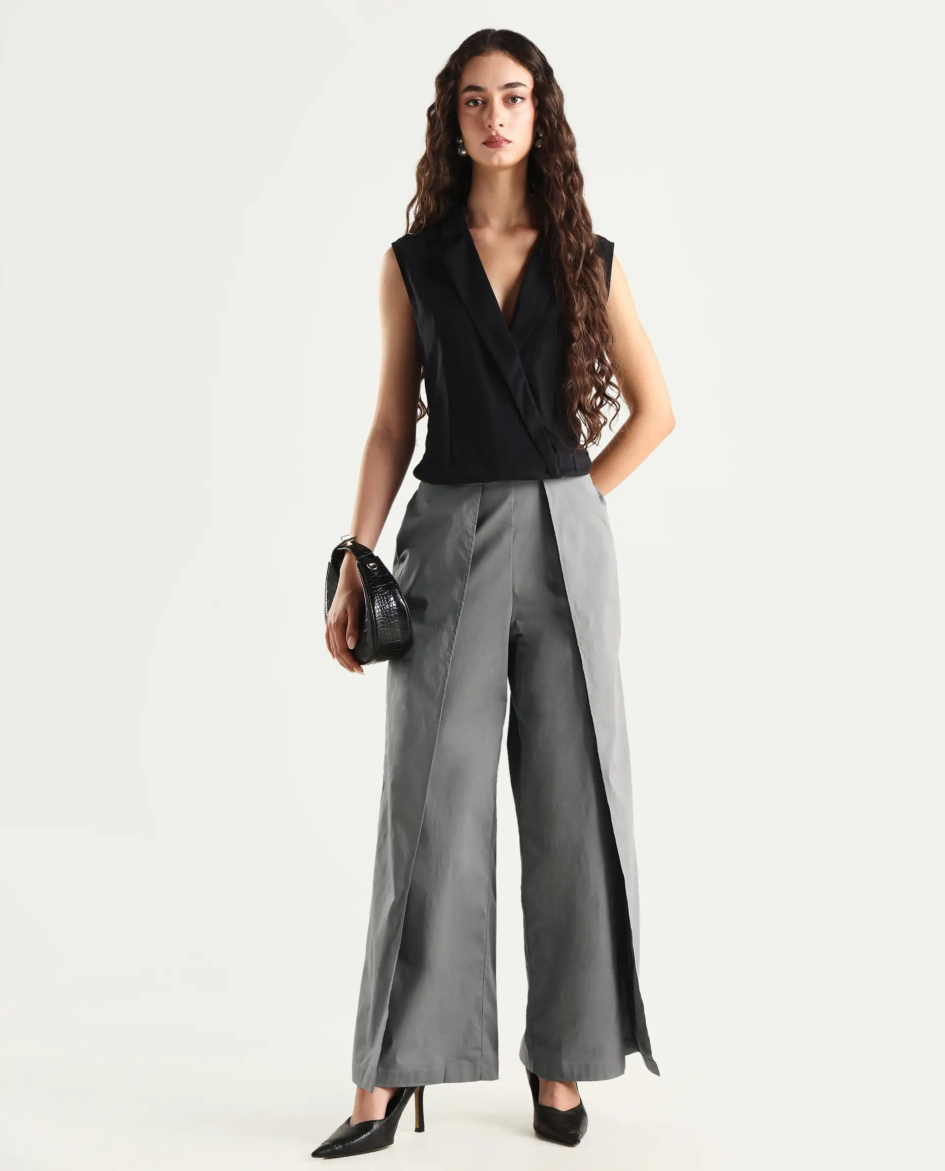 Rareism Women's Oipi Grey Cotton Blend Plain Ankle Length Wide Trouser