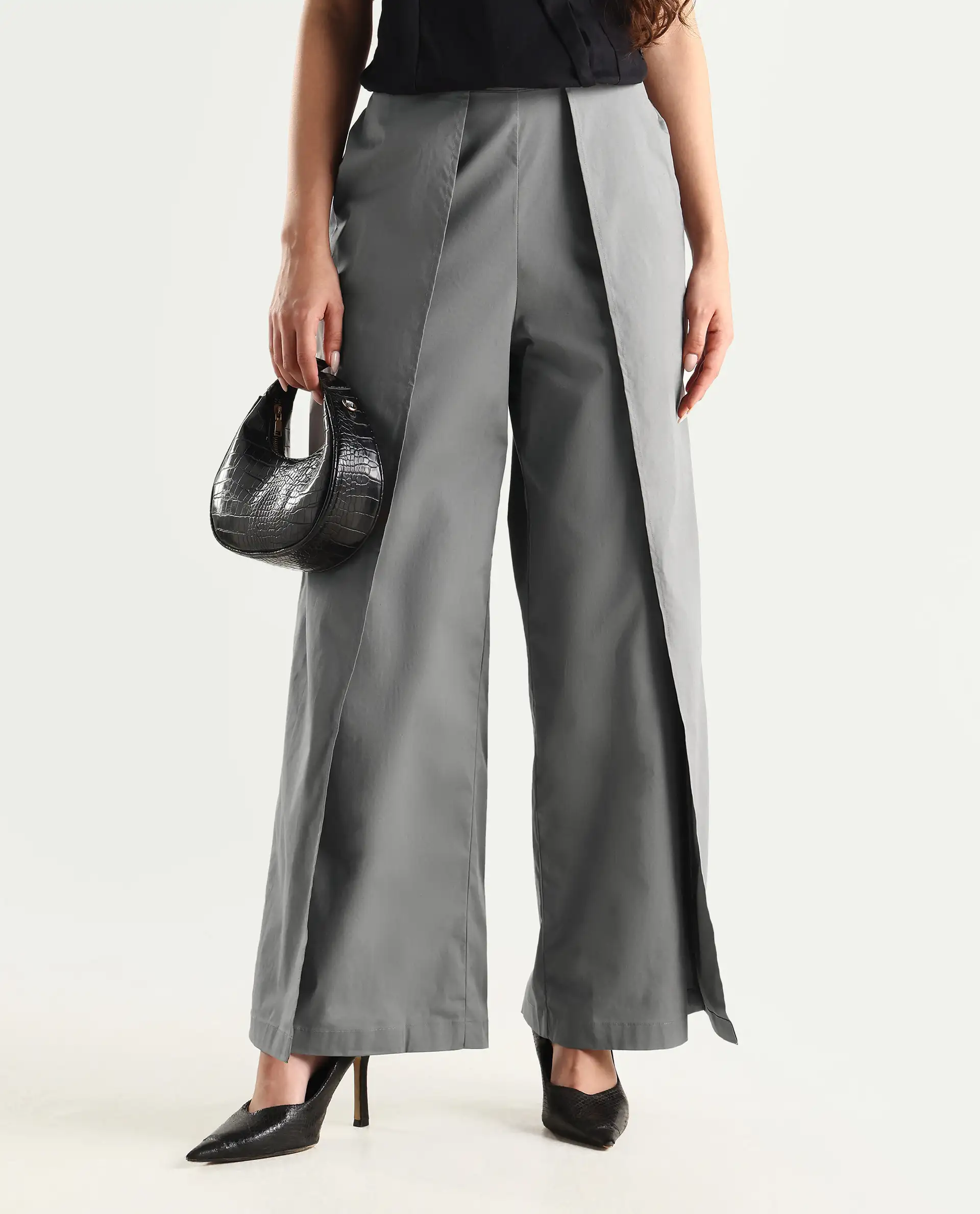 Rareism Women's Oipi Grey Cotton Blend Plain Ankle Length Wide Trouser - Image 2