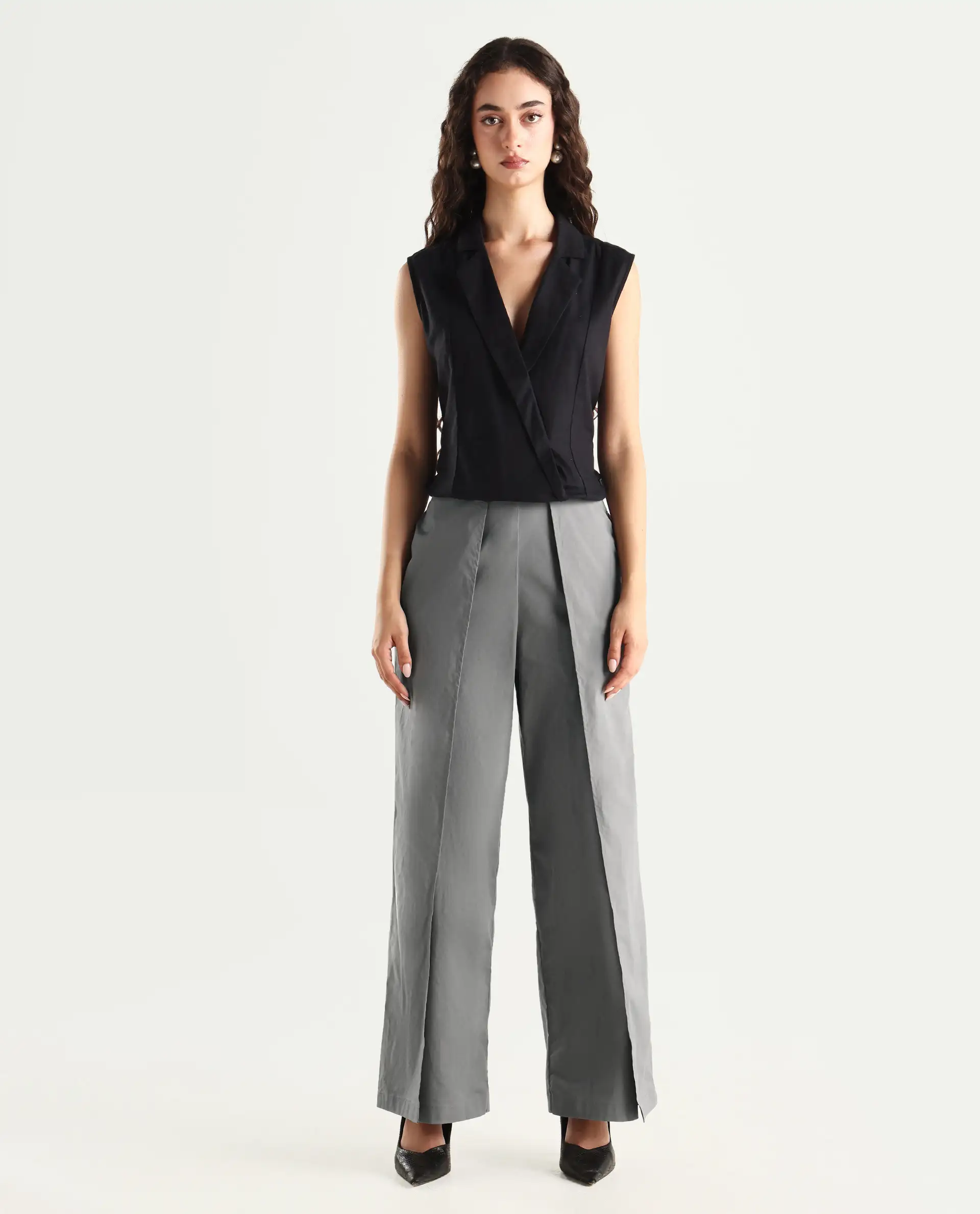 Rareism Women's Oipi Grey Cotton Blend Plain Ankle Length Wide Trouser - Image 3