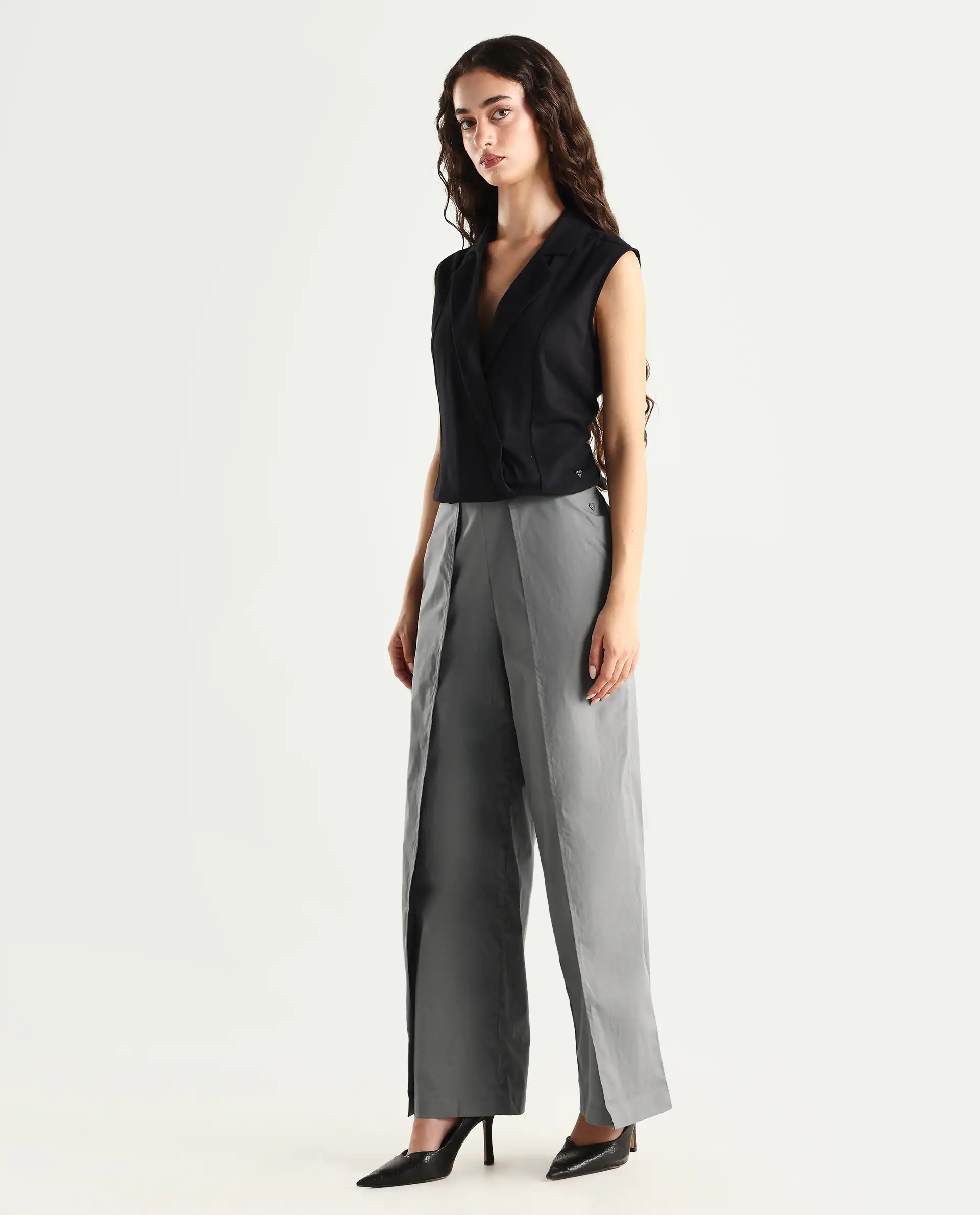 Rareism Women's Oipi Grey Cotton Blend Plain Ankle Length Wide Trouser - Image 6