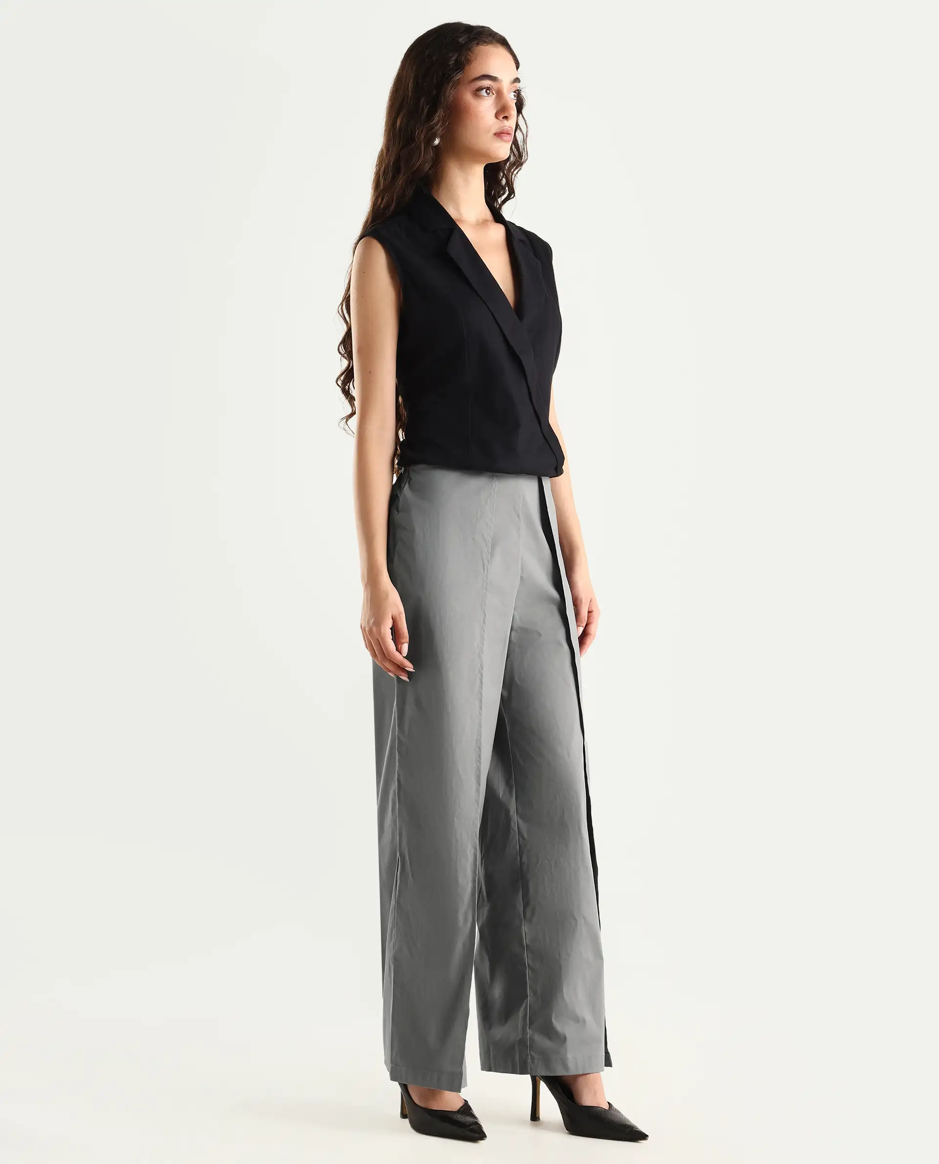 Rareism Women's Oipi Grey Cotton Blend Plain Ankle Length Wide Trouser - Image 7