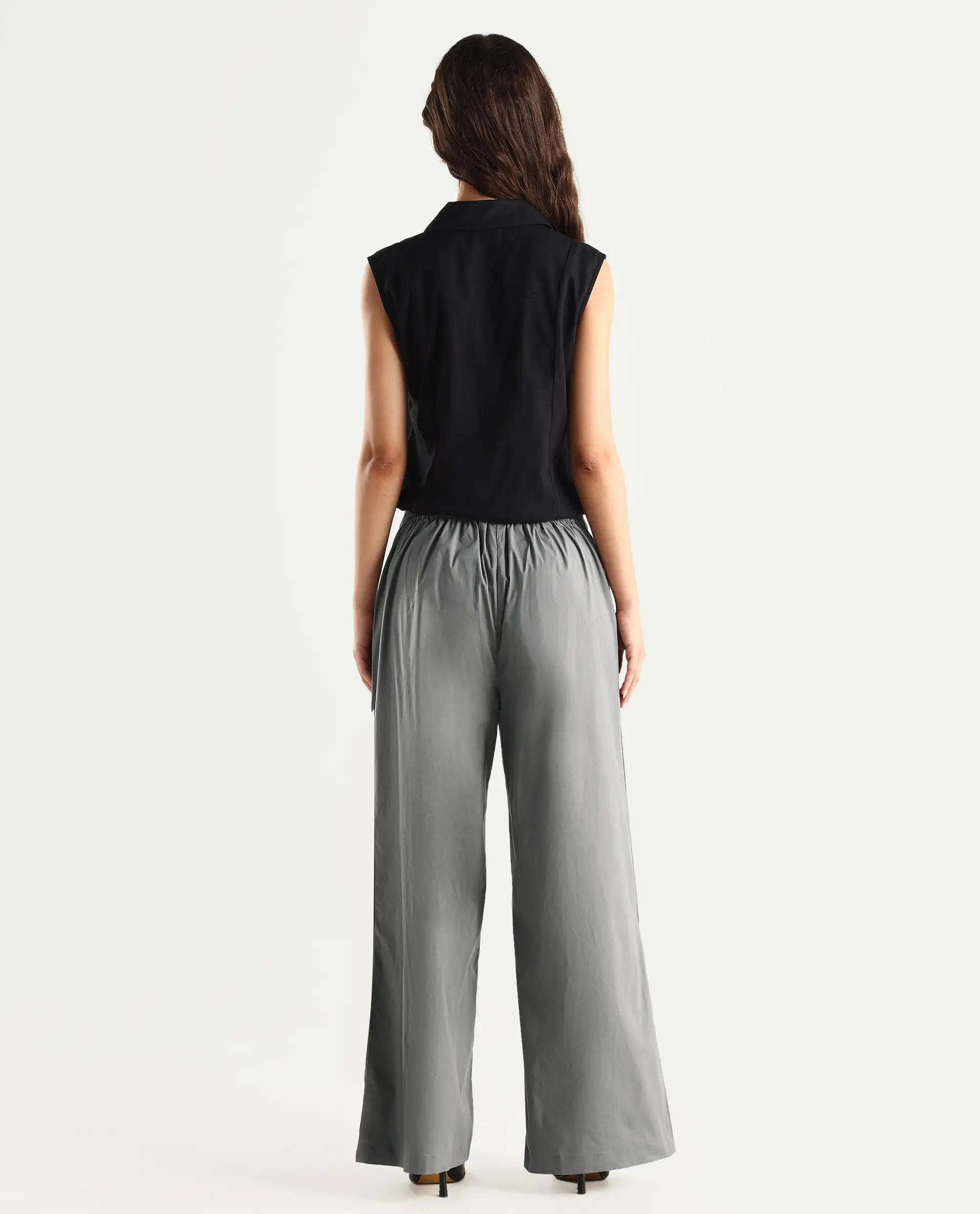 Rareism Women's Oipi Grey Cotton Blend Plain Ankle Length Wide Trouser - Image 8