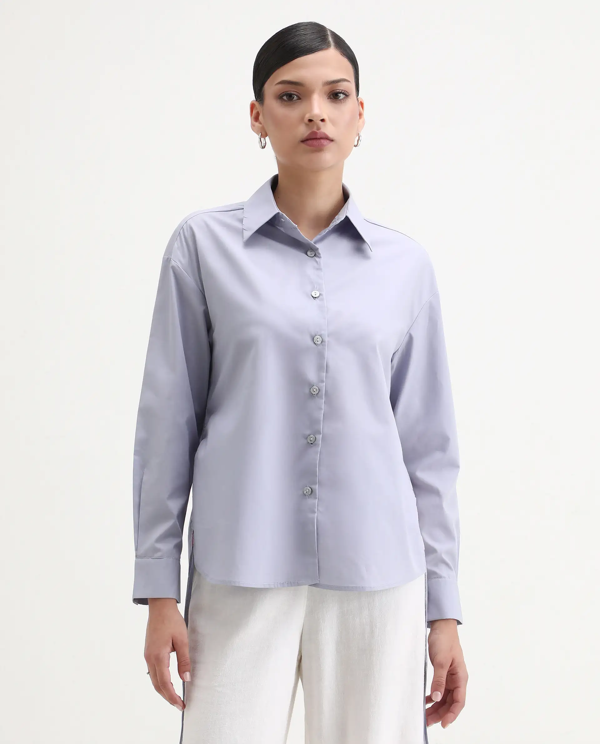 Rareism Women's Oisin Light Grey Cotton Spread Collar Plain Cuffed Sleeve Regular Fit Top - Image 3