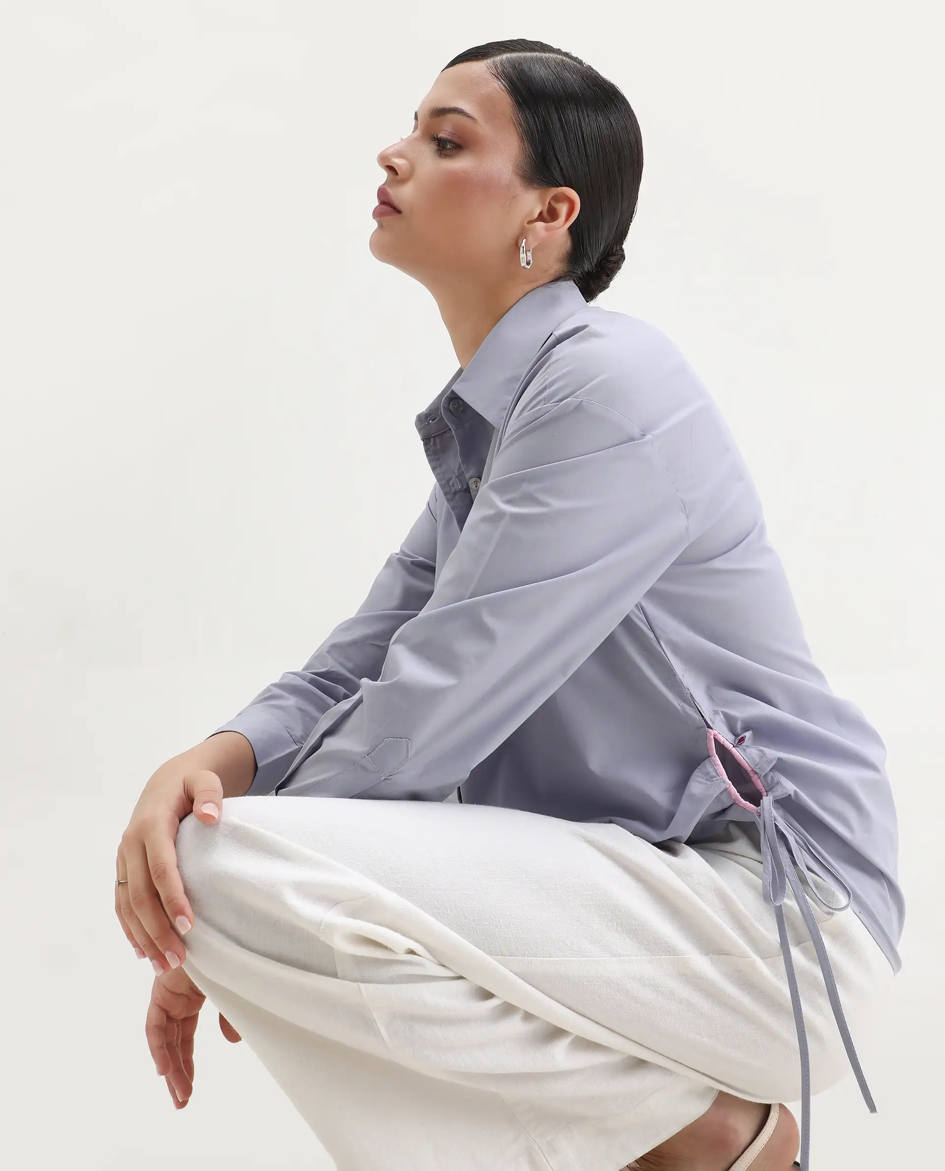 Rareism Women's Oisin Light Grey Cotton Spread Collar Plain Cuffed Sleeve Regular Fit Top - Image 4
