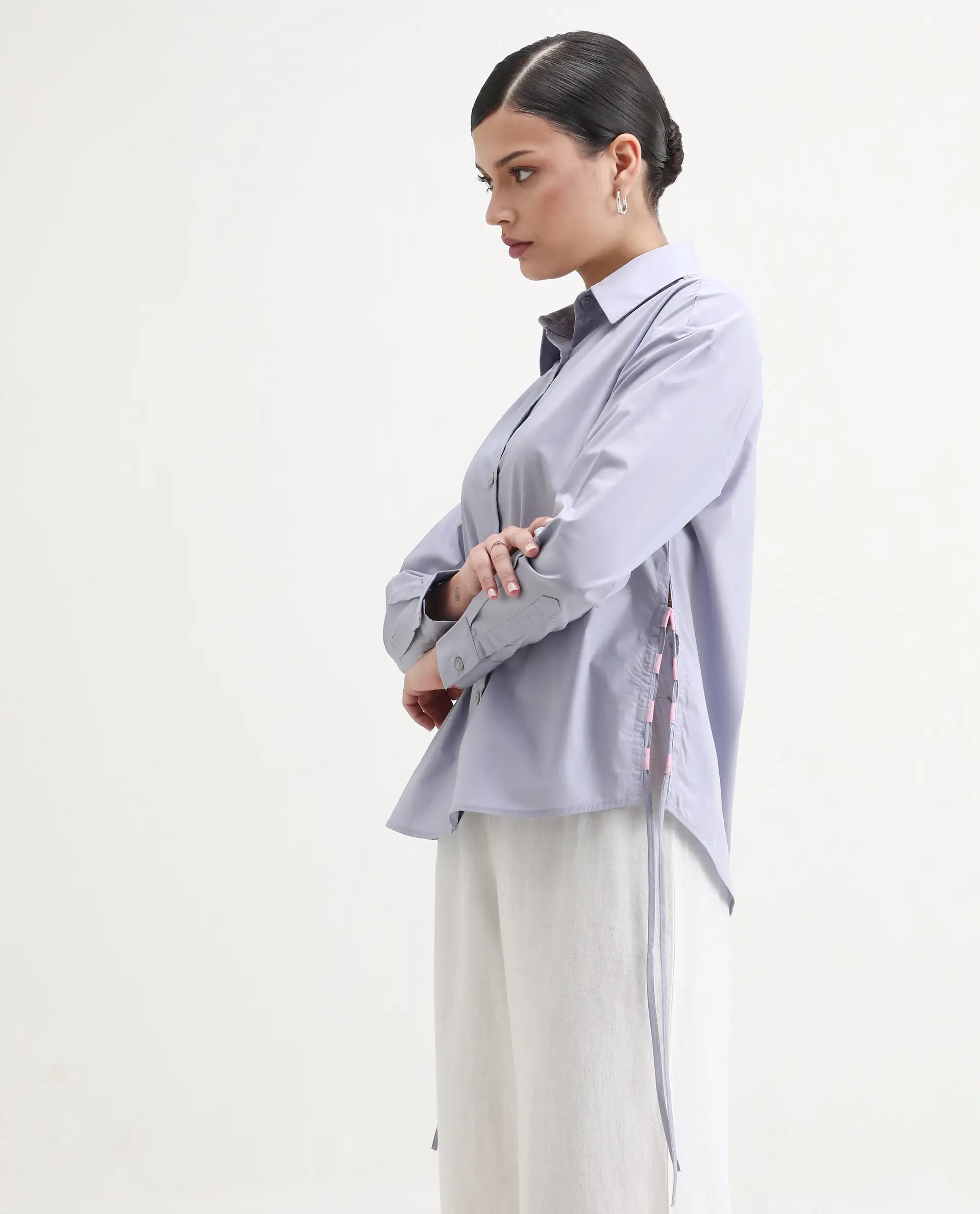 Rareism Women's Oisin Light Grey Cotton Spread Collar Plain Cuffed Sleeve Regular Fit Top - Image 5