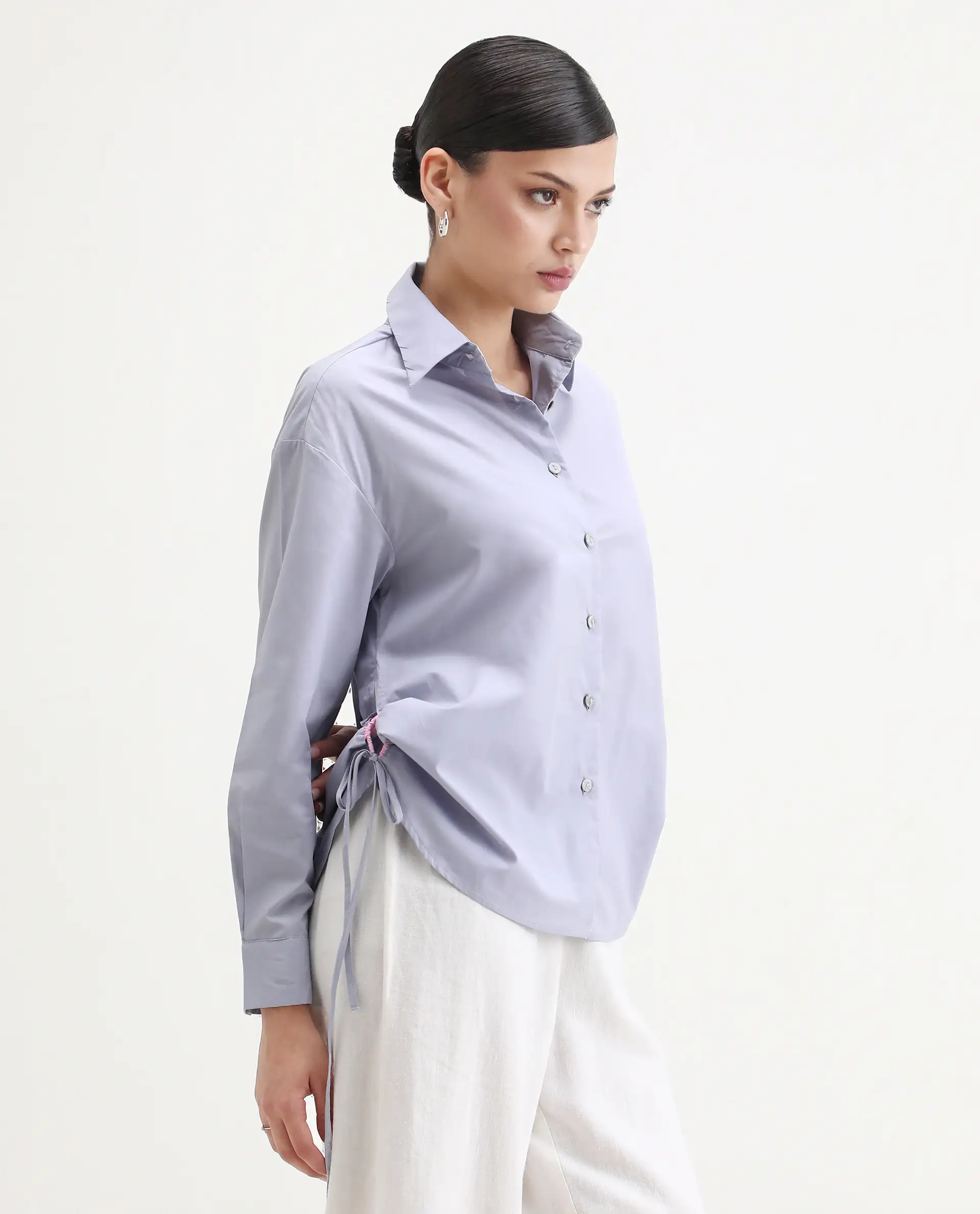 Rareism Women's Oisin Light Grey Cotton Spread Collar Plain Cuffed Sleeve Regular Fit Top - Image 6