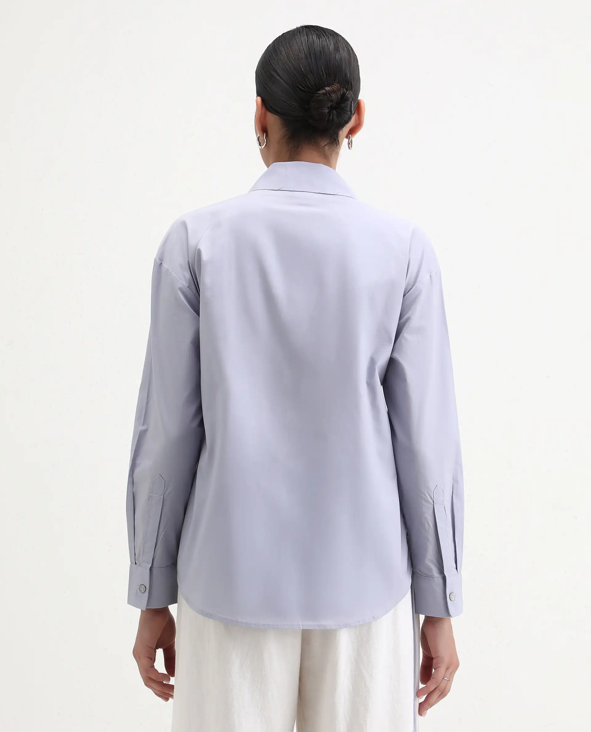 Rareism Women's Oisin Light Grey Cotton Spread Collar Plain Cuffed Sleeve Regular Fit Top - Image 7