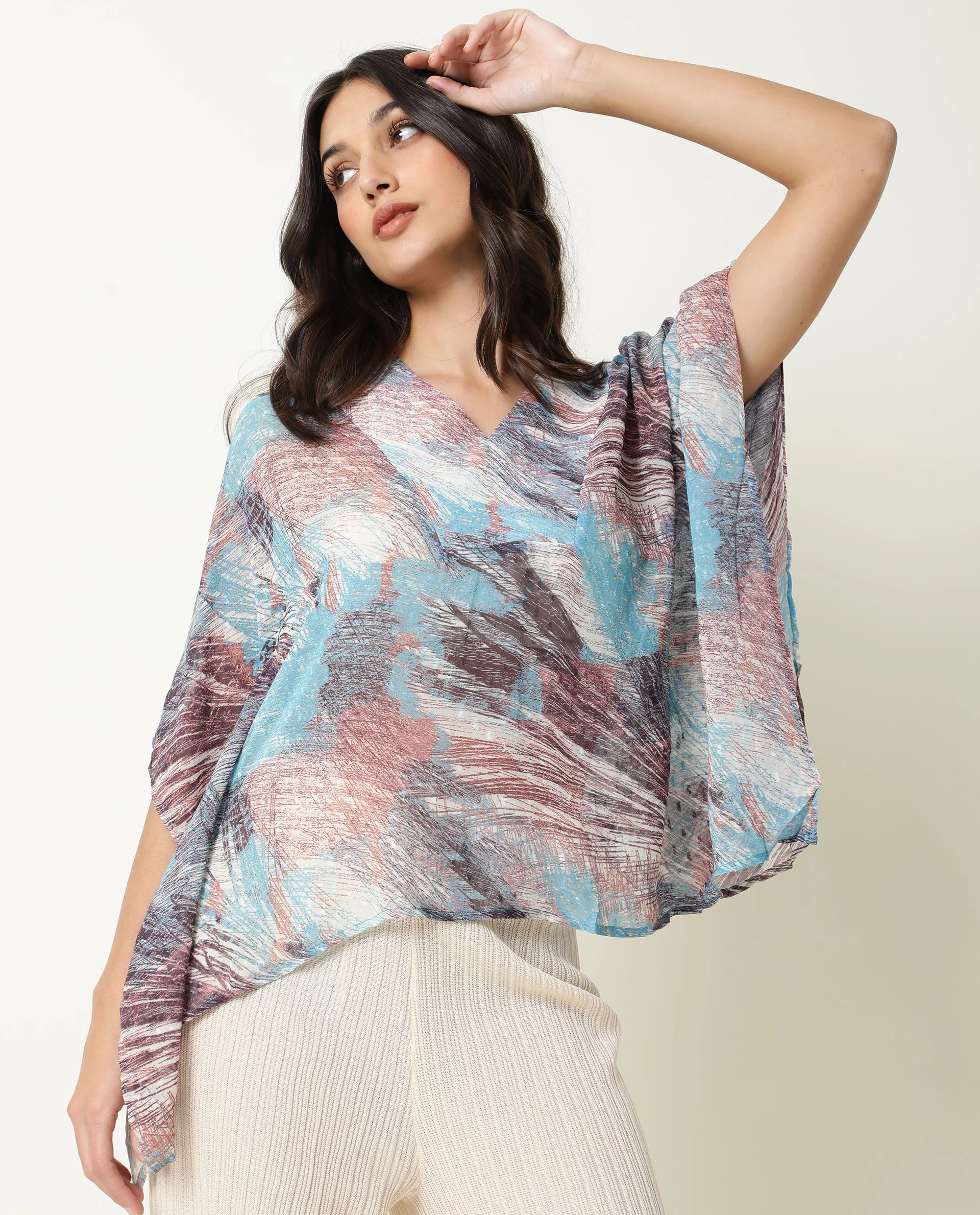 Rareism Women's Ojes Blue Viscose V-Neck Abstract Print Extended Sleeves Regular Fit Top