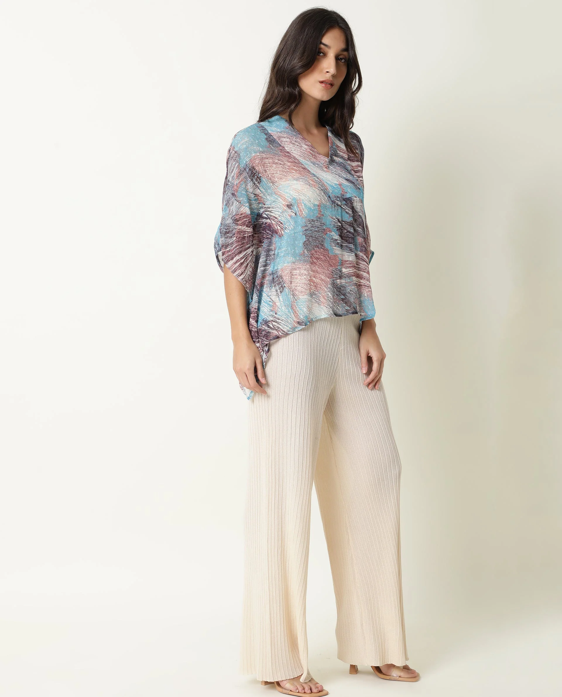 Rareism Women's Ojes Blue Viscose V-Neck Abstract Print Extended Sleeves Regular Fit Top - Image 2