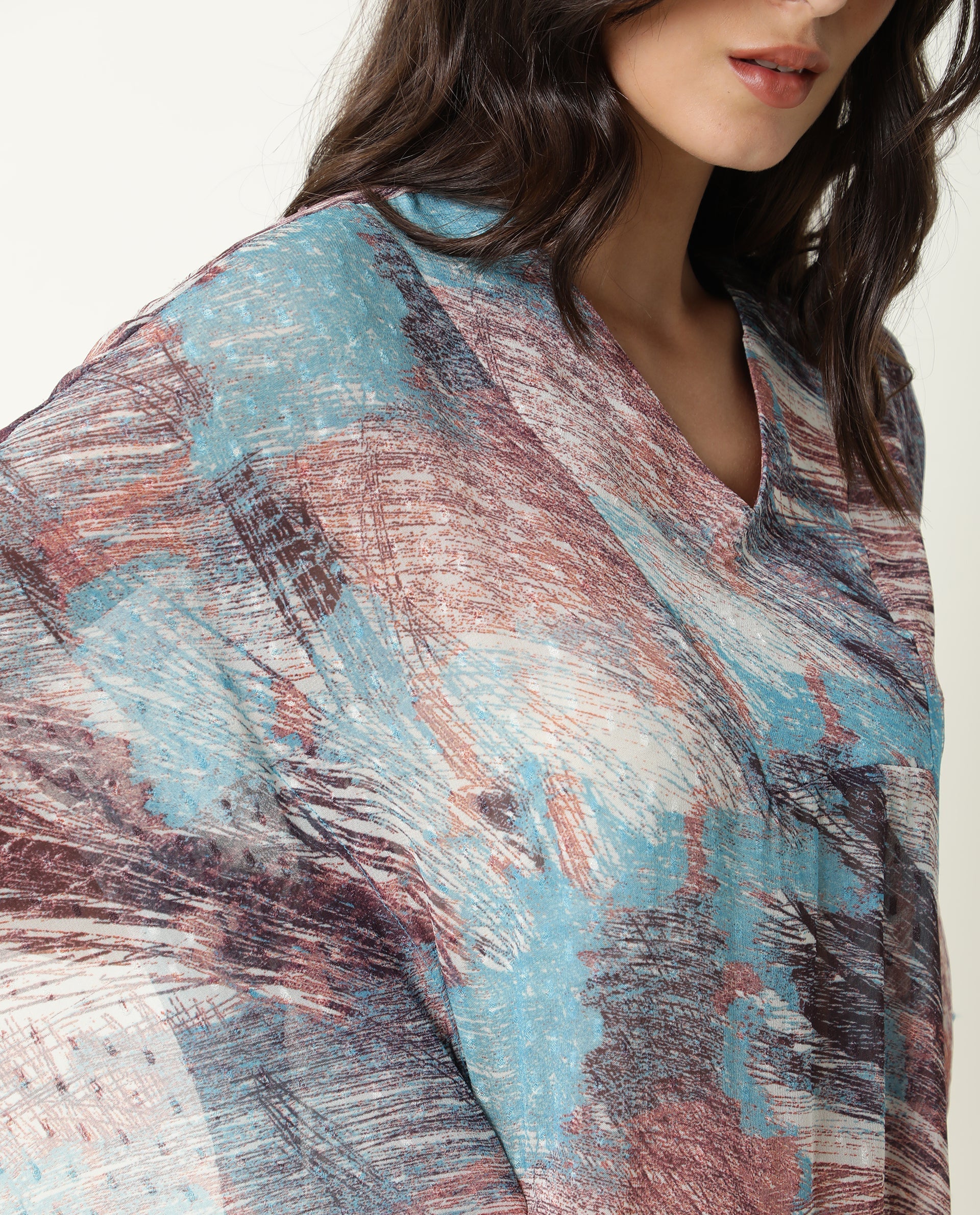 Rareism Women's Ojes Blue Viscose V-Neck Abstract Print Extended Sleeves Regular Fit Top - Image 3