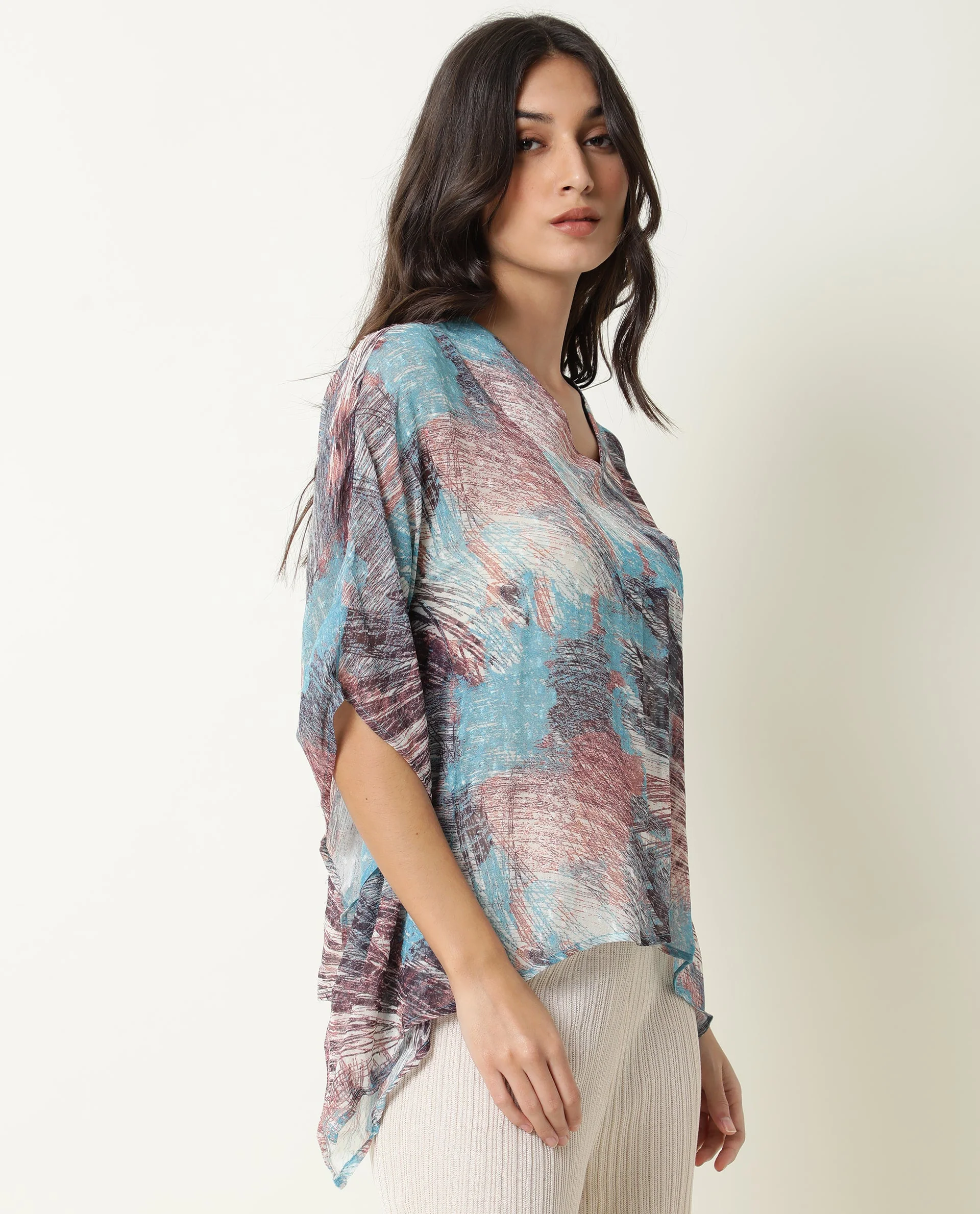 Rareism Women's Ojes Blue Viscose V-Neck Abstract Print Extended Sleeves Regular Fit Top - Image 4
