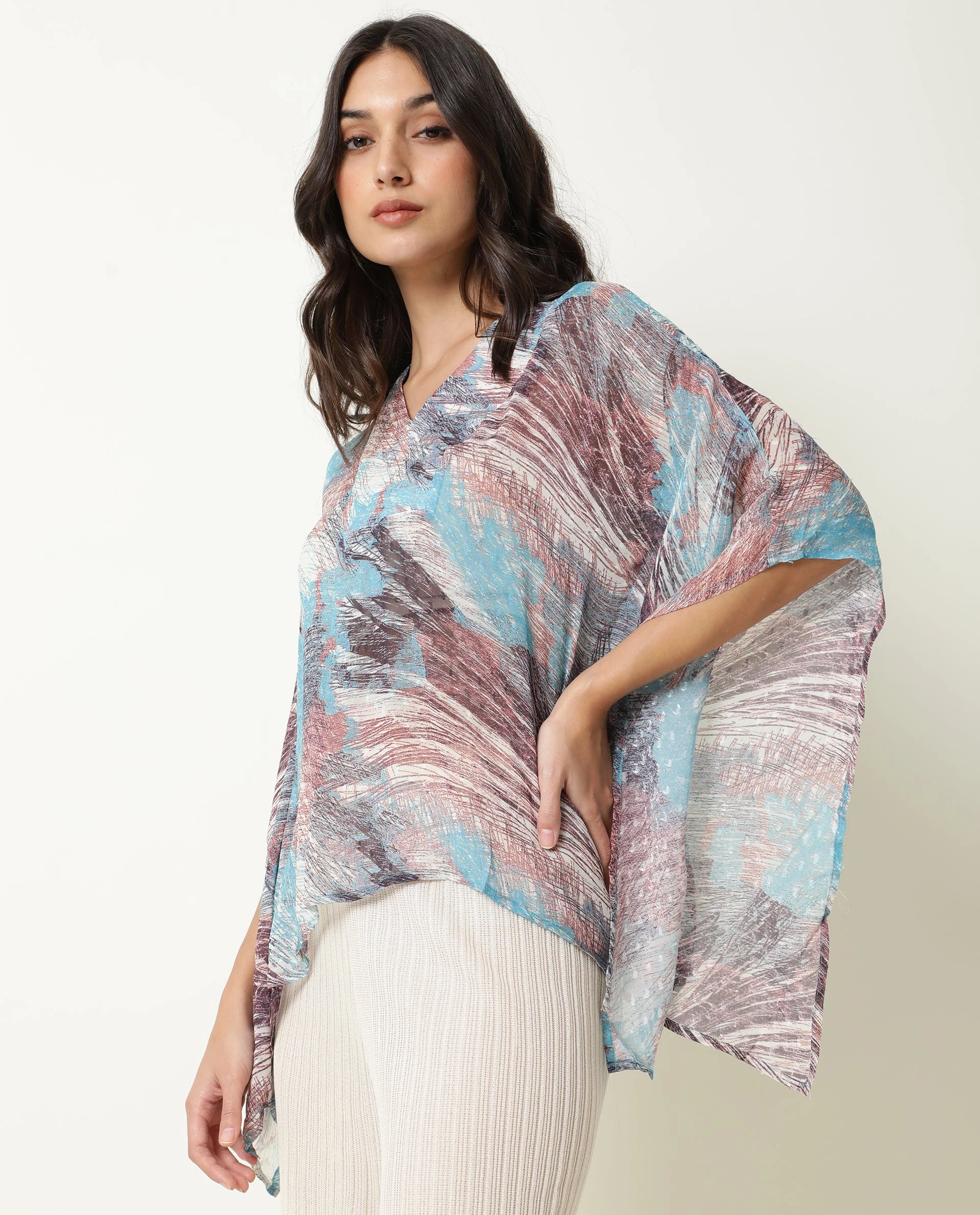 Rareism Women's Ojes Blue Viscose V-Neck Abstract Print Extended Sleeves Regular Fit Top - Image 5