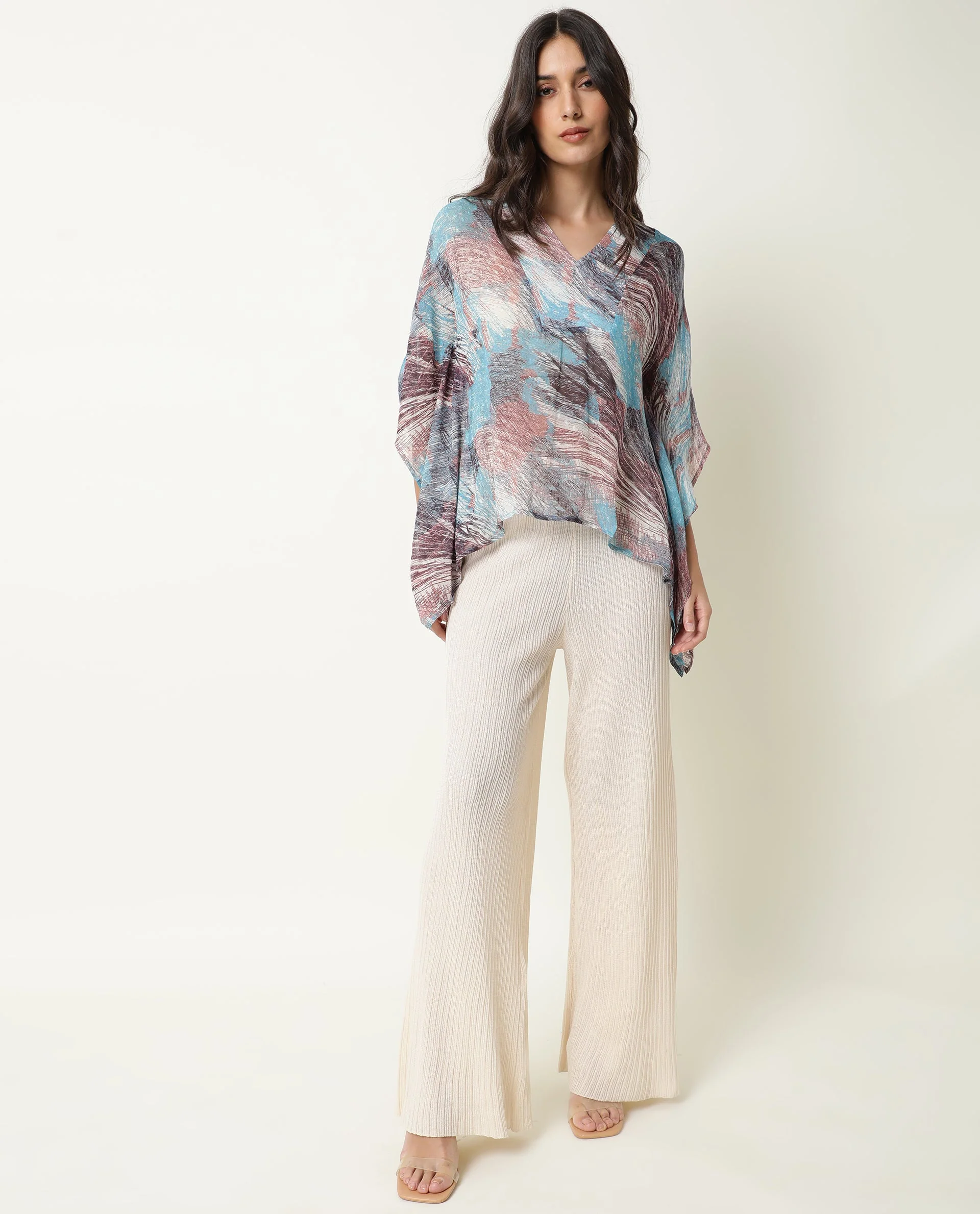Rareism Women's Ojes Blue Viscose V-Neck Abstract Print Extended Sleeves Regular Fit Top - Image 6