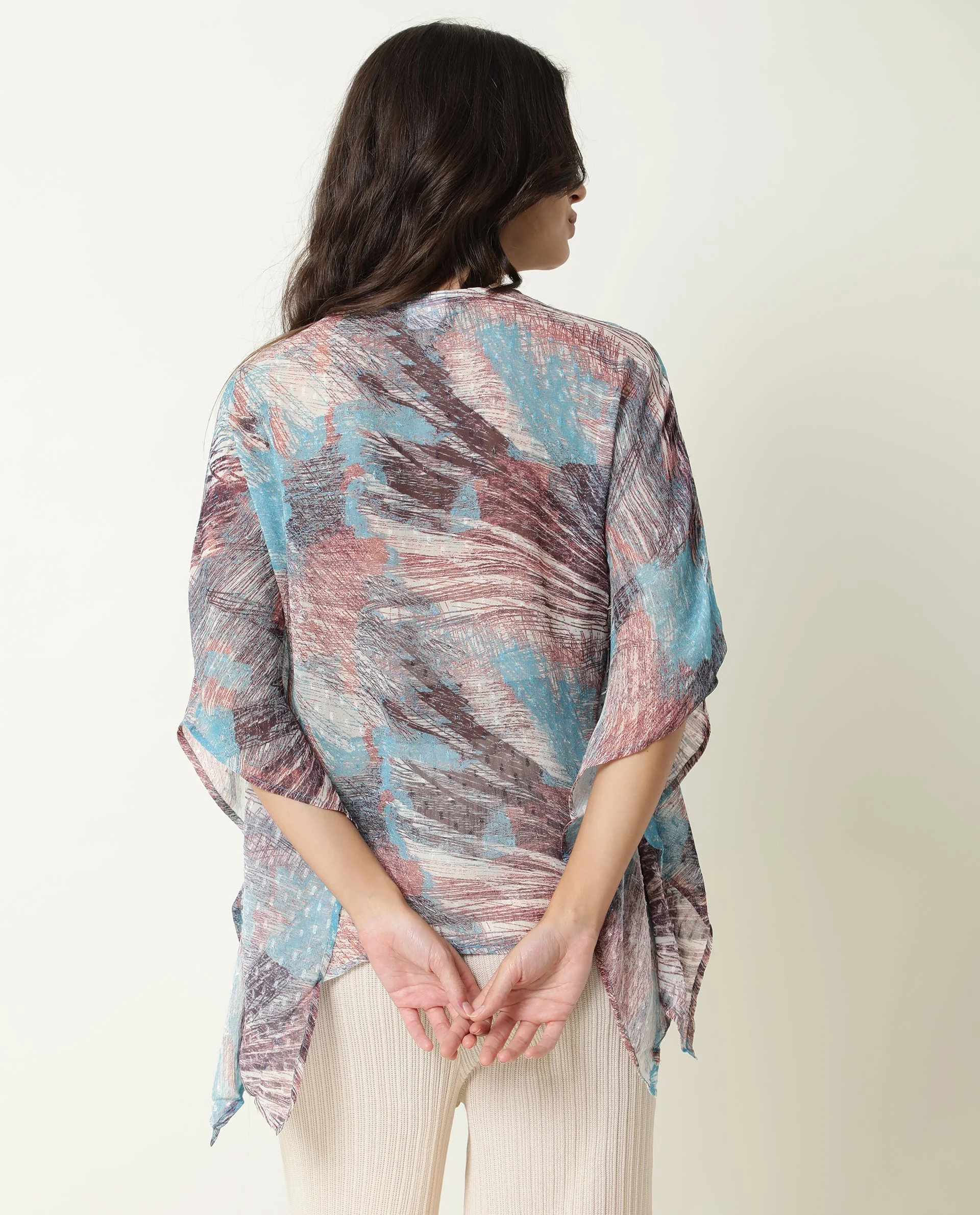 Rareism Women's Ojes Blue Viscose V-Neck Abstract Print Extended Sleeves Regular Fit Top - Image 7