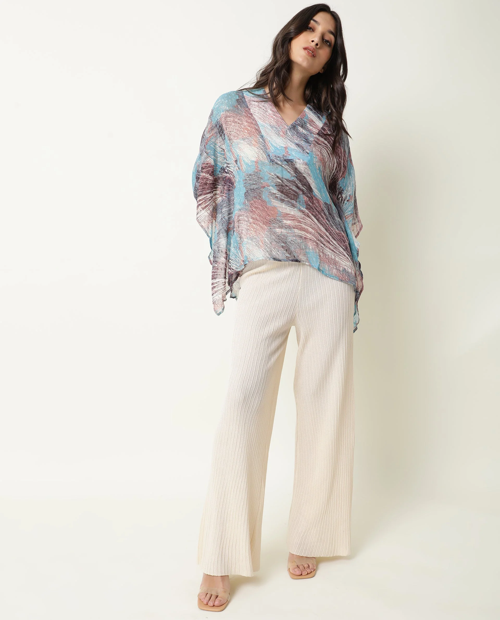 Rareism Women's Ojes Blue Viscose V-Neck Abstract Print Extended Sleeves Regular Fit Top - Image 8