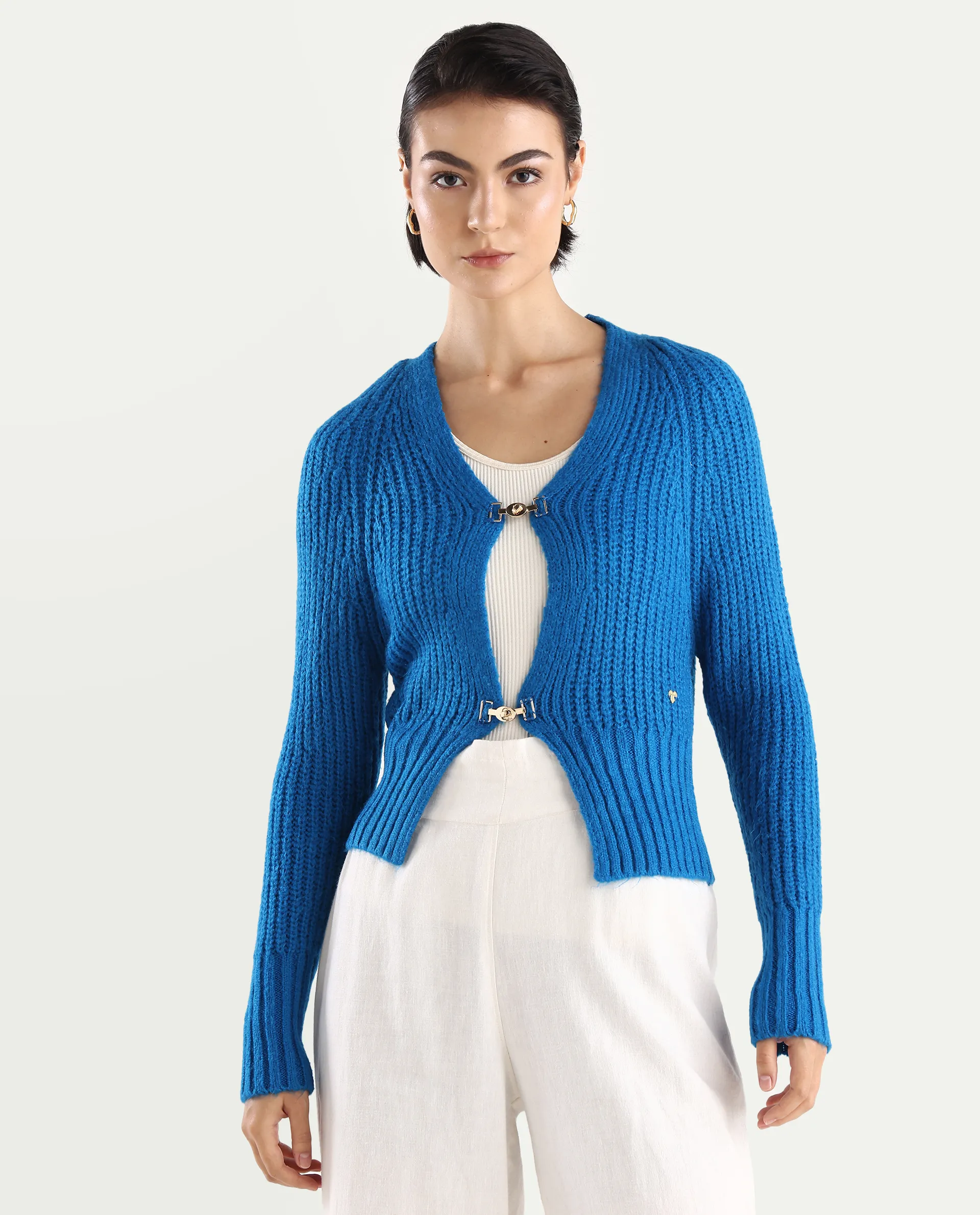 Rareism Women's Okali Blue V-Neck Plain Regular Fit Cardigan - Image 3
