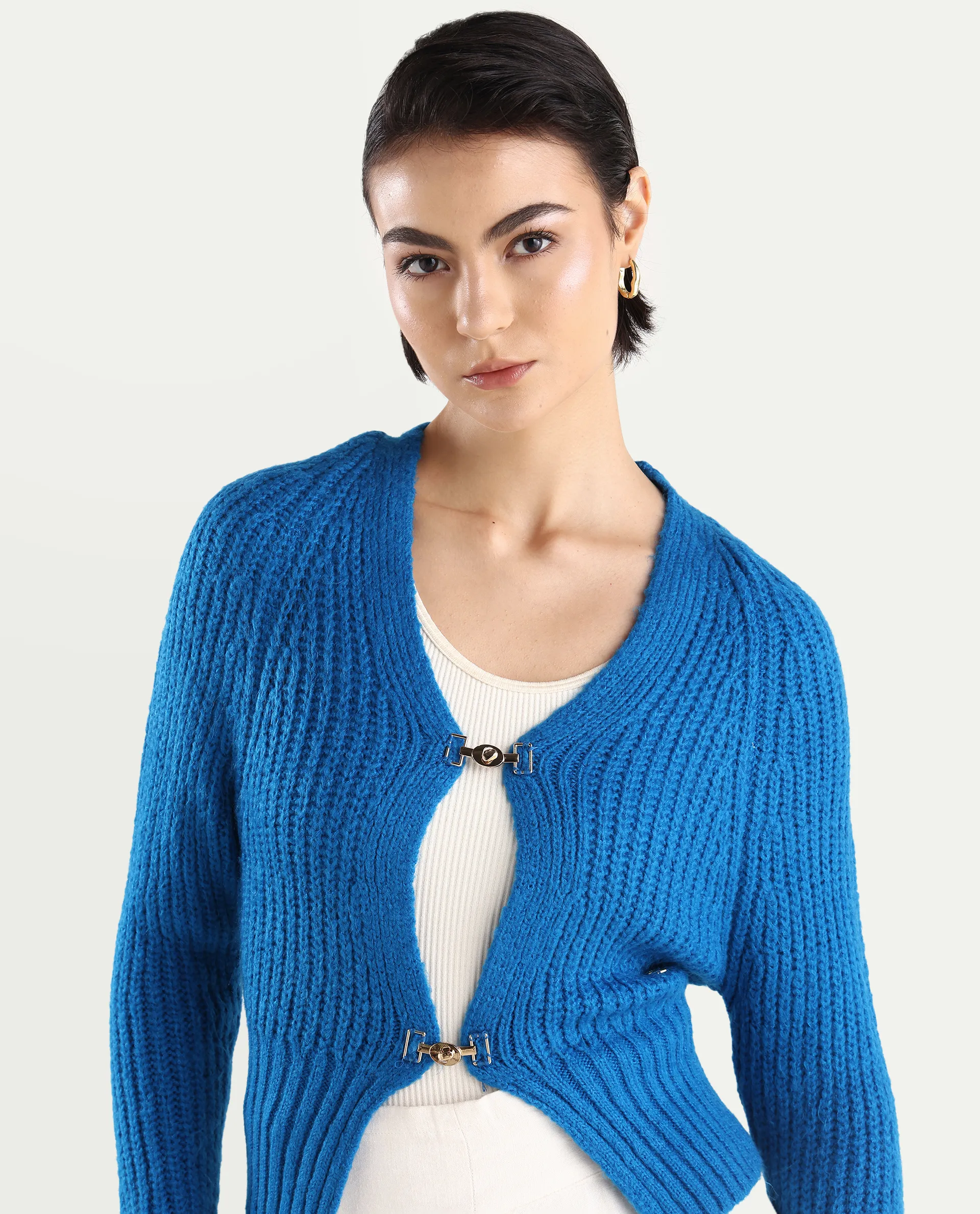 Rareism Women's Okali Blue V-Neck Plain Regular Fit Cardigan - Image 4
