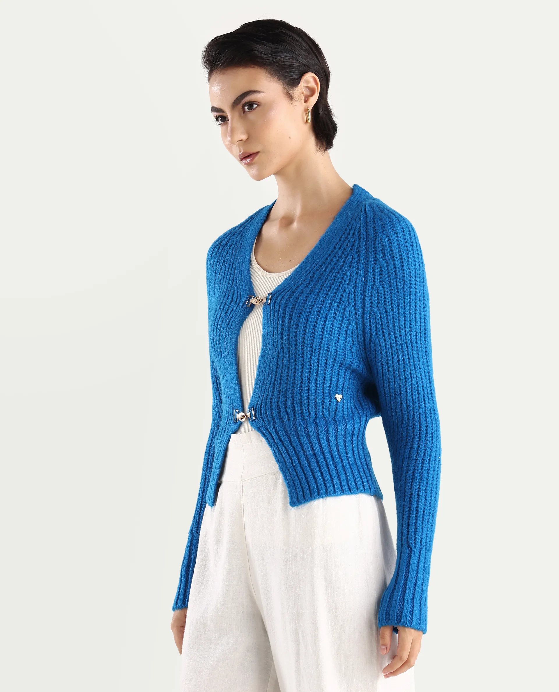 Rareism Women's Okali Blue V-Neck Plain Regular Fit Cardigan - Image 6