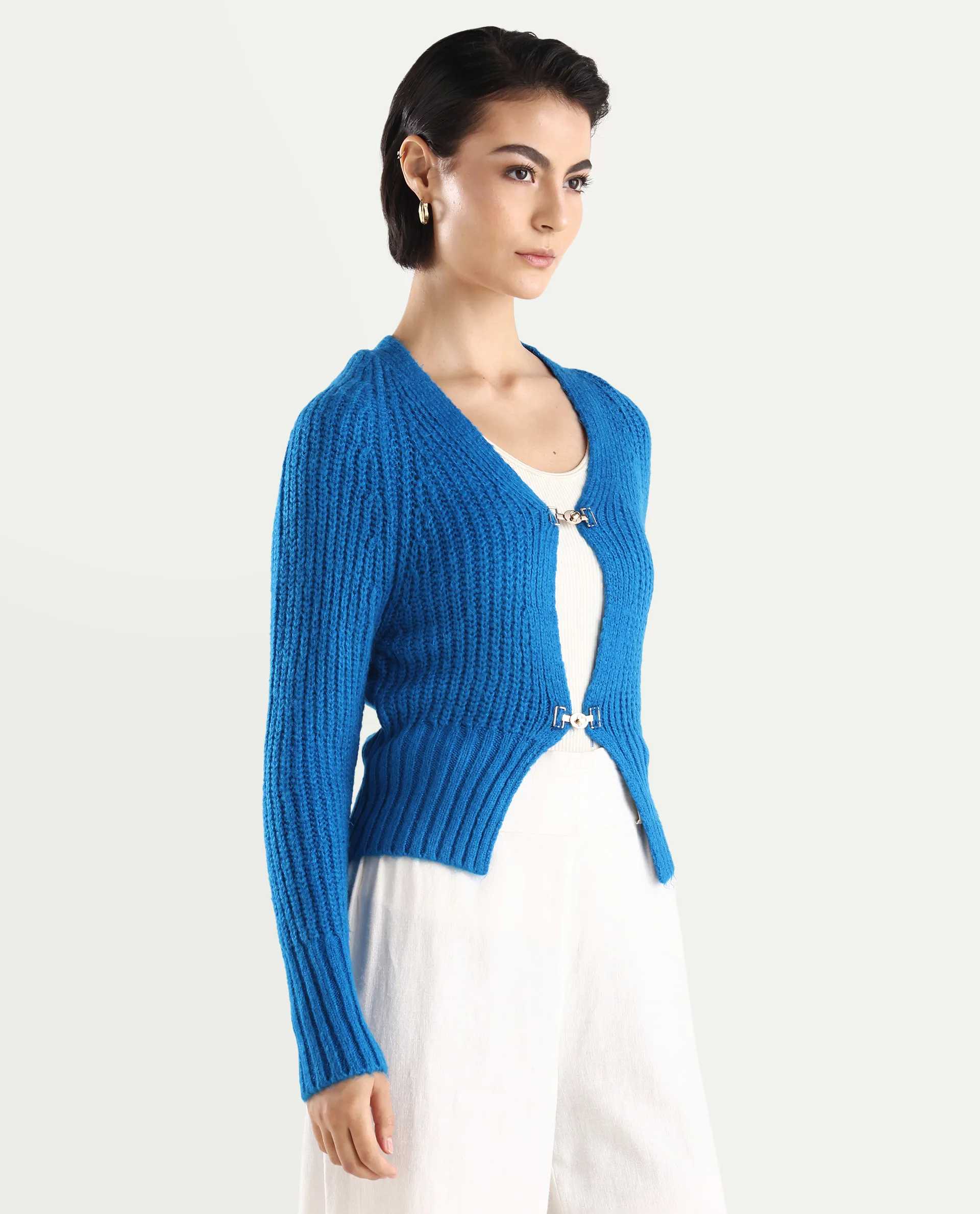 Rareism Women's Okali Blue V-Neck Plain Regular Fit Cardigan - Image 7