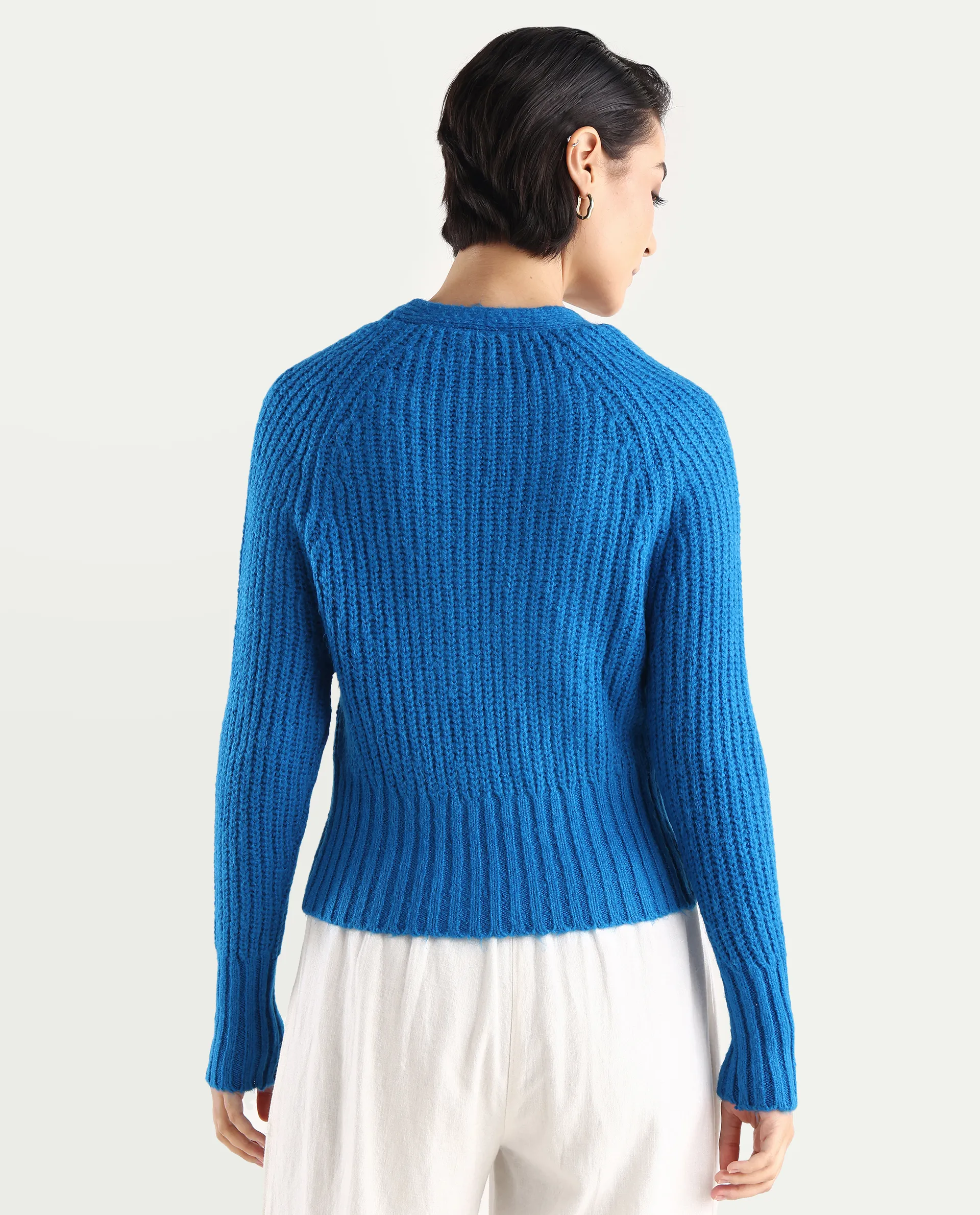 Rareism Women's Okali Blue V-Neck Plain Regular Fit Cardigan - Image 8