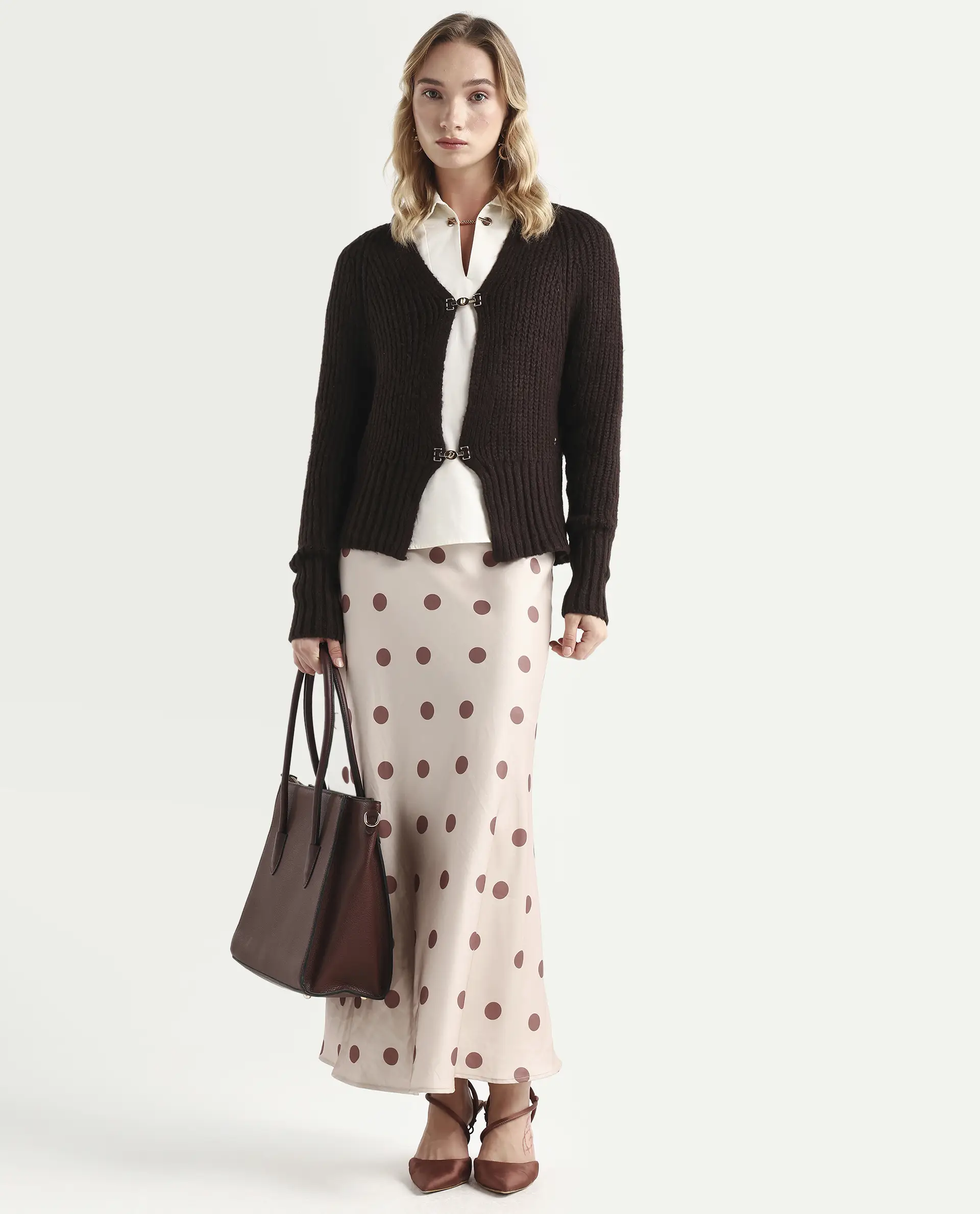 Rareism Women's Okali Brown V-Neck Plain Regular Fit Cardigan - Image 2