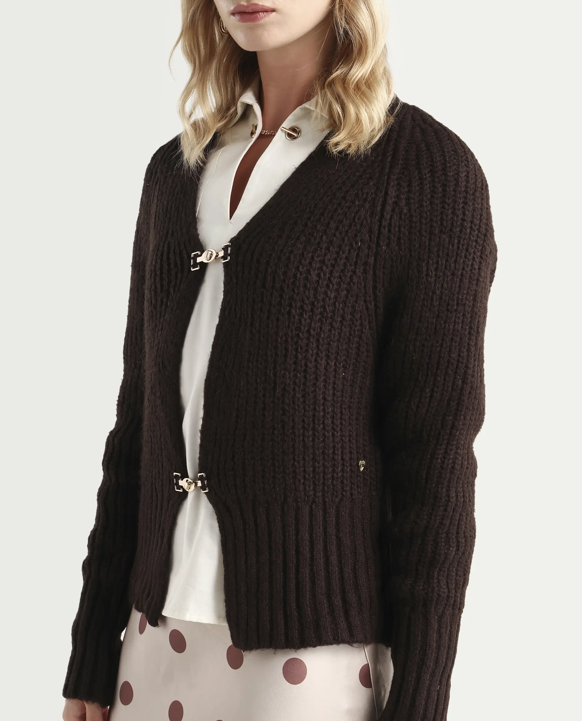 Rareism Women's Okali Brown V-Neck Plain Regular Fit Cardigan - Image 3