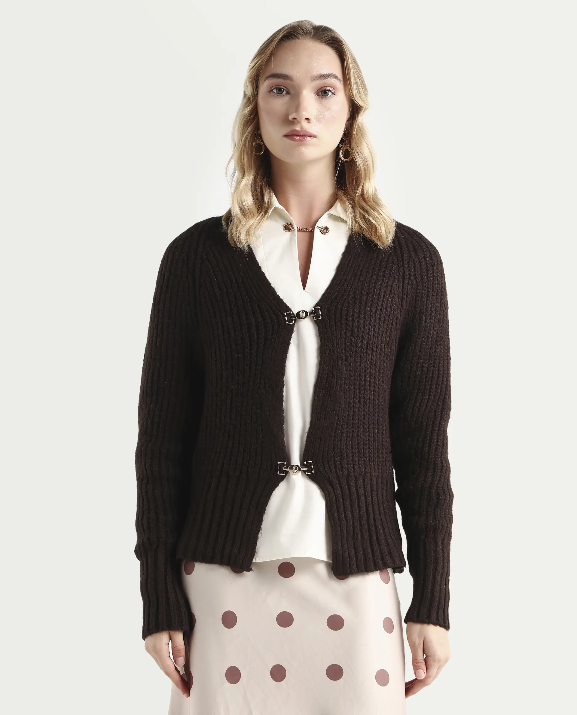 Rareism Women's Okali Brown V-Neck Plain Regular Fit Cardigan - Image 4