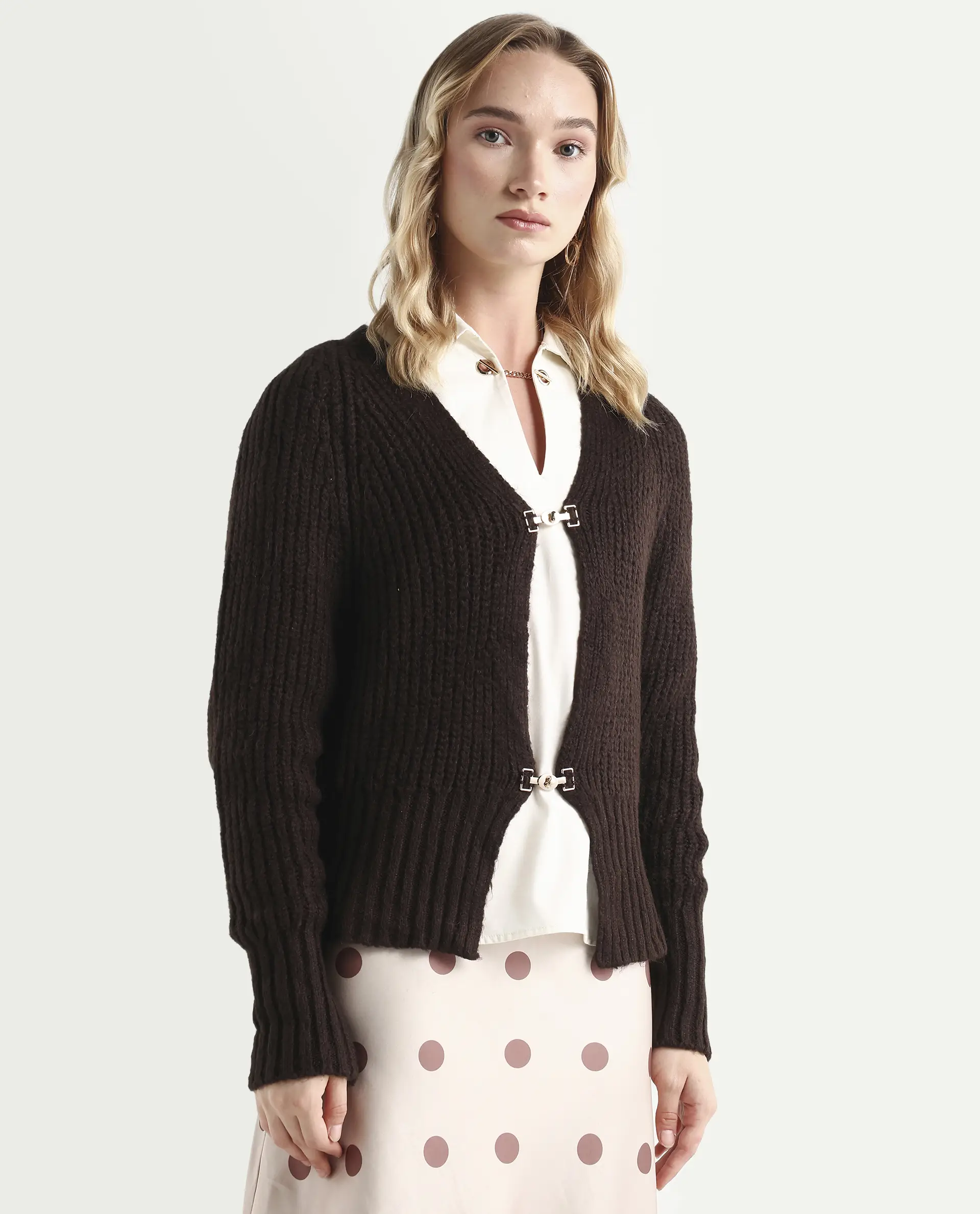 Rareism Women's Okali Brown V-Neck Plain Regular Fit Cardigan - Image 5