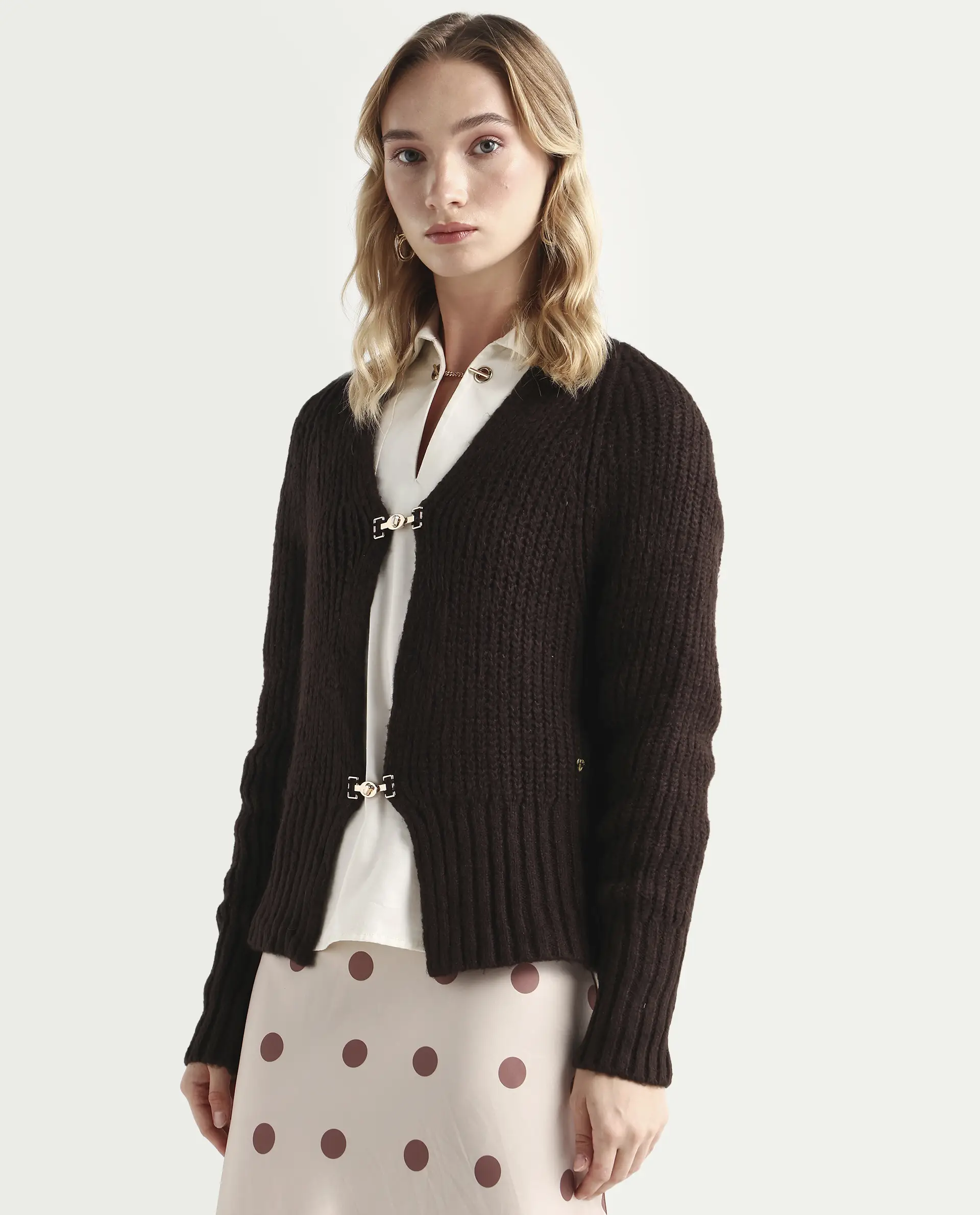 Rareism Women's Okali Brown V-Neck Plain Regular Fit Cardigan - Image 6
