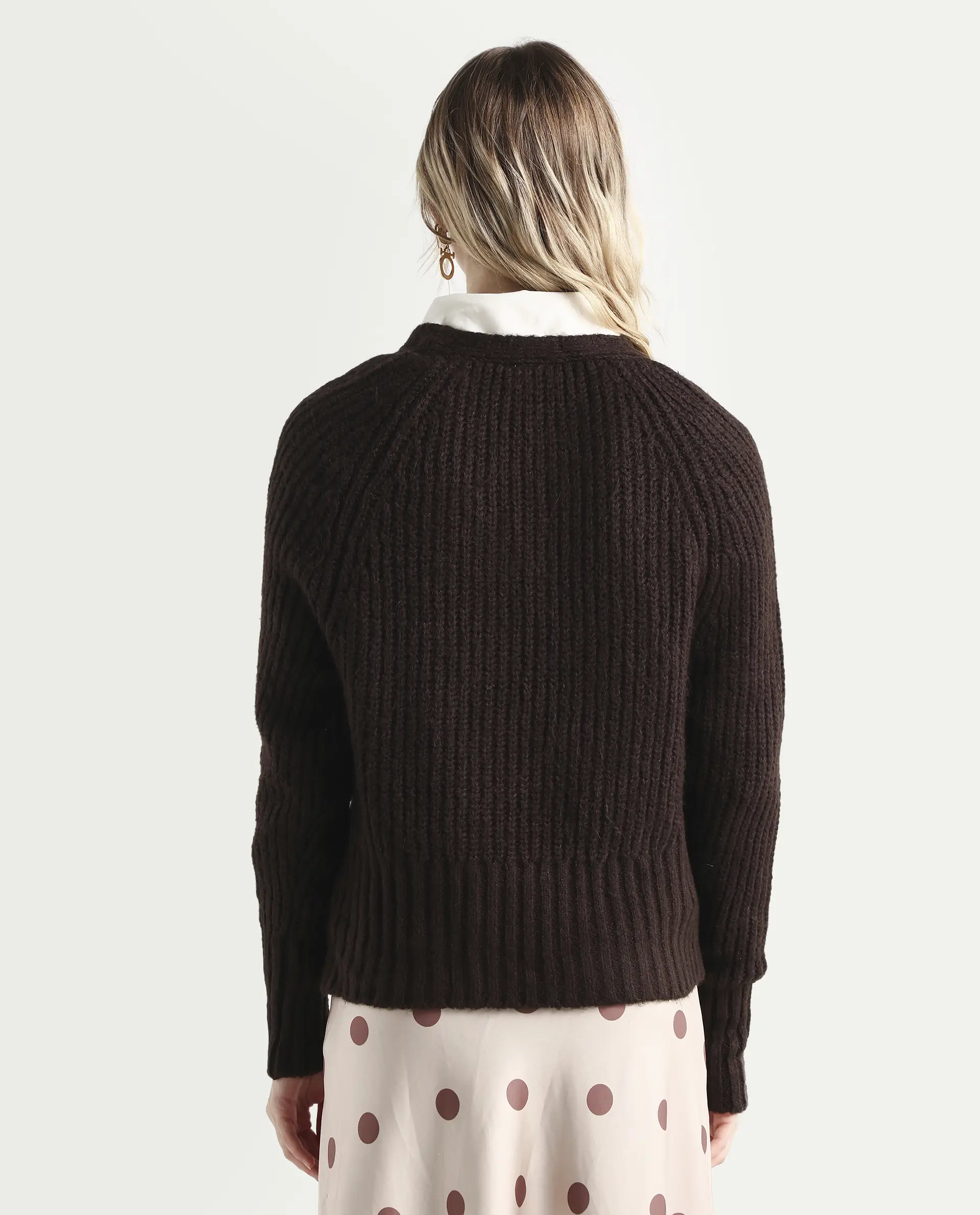 Rareism Women's Okali Brown V-Neck Plain Regular Fit Cardigan - Image 7