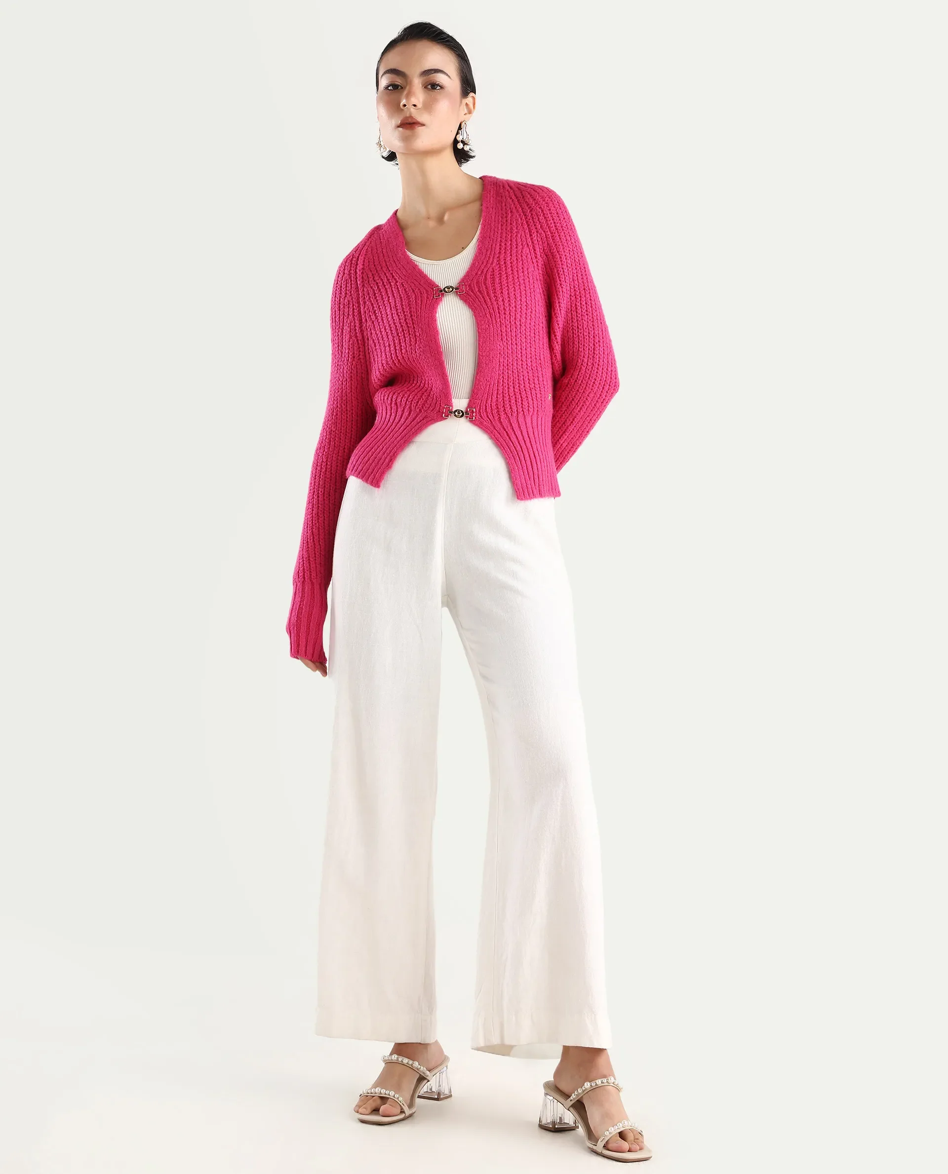 Rareism Women's Okali Pink V-Neck Plain Regular Fit Cardigan - Image 2
