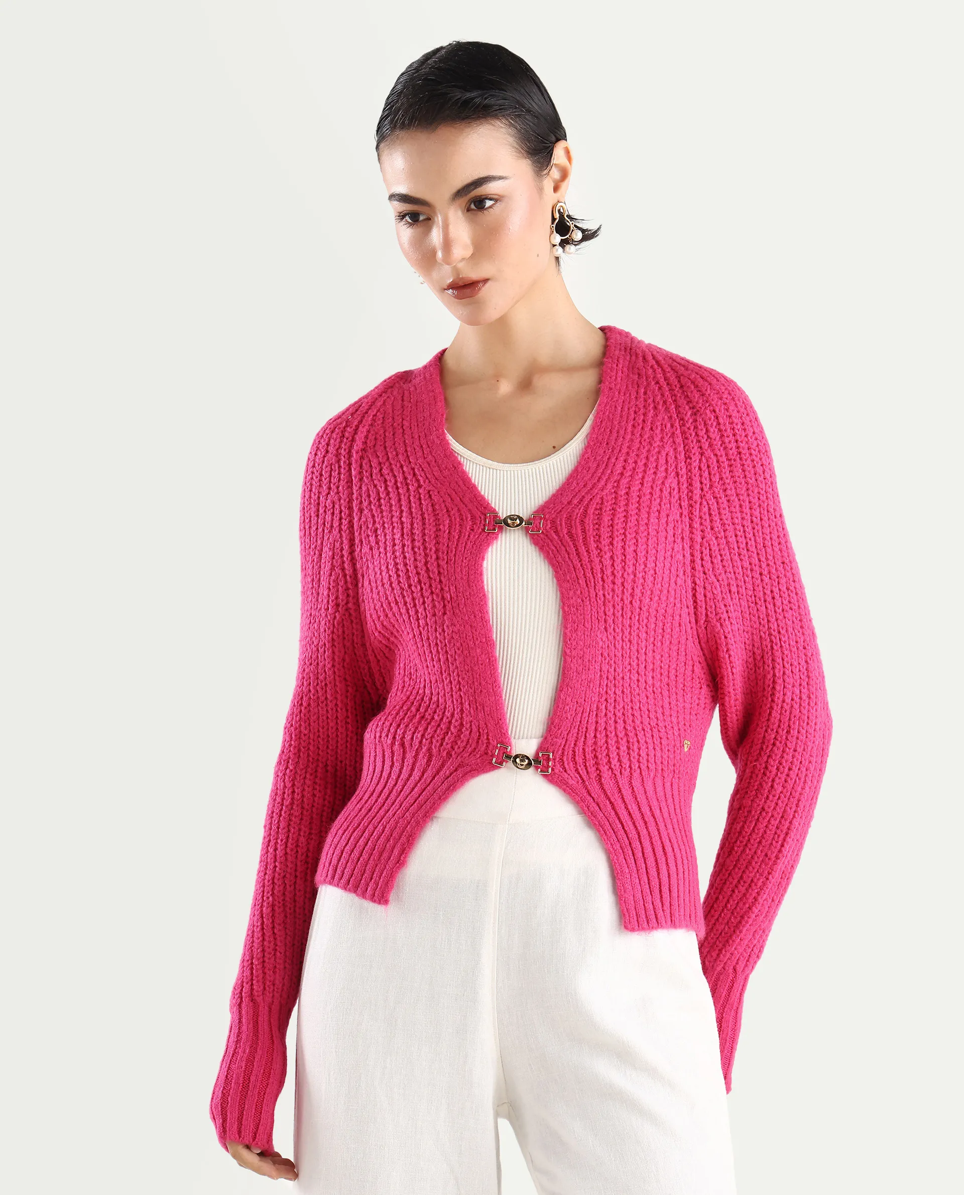 Rareism Women's Okali Pink V-Neck Plain Regular Fit Cardigan - Image 3