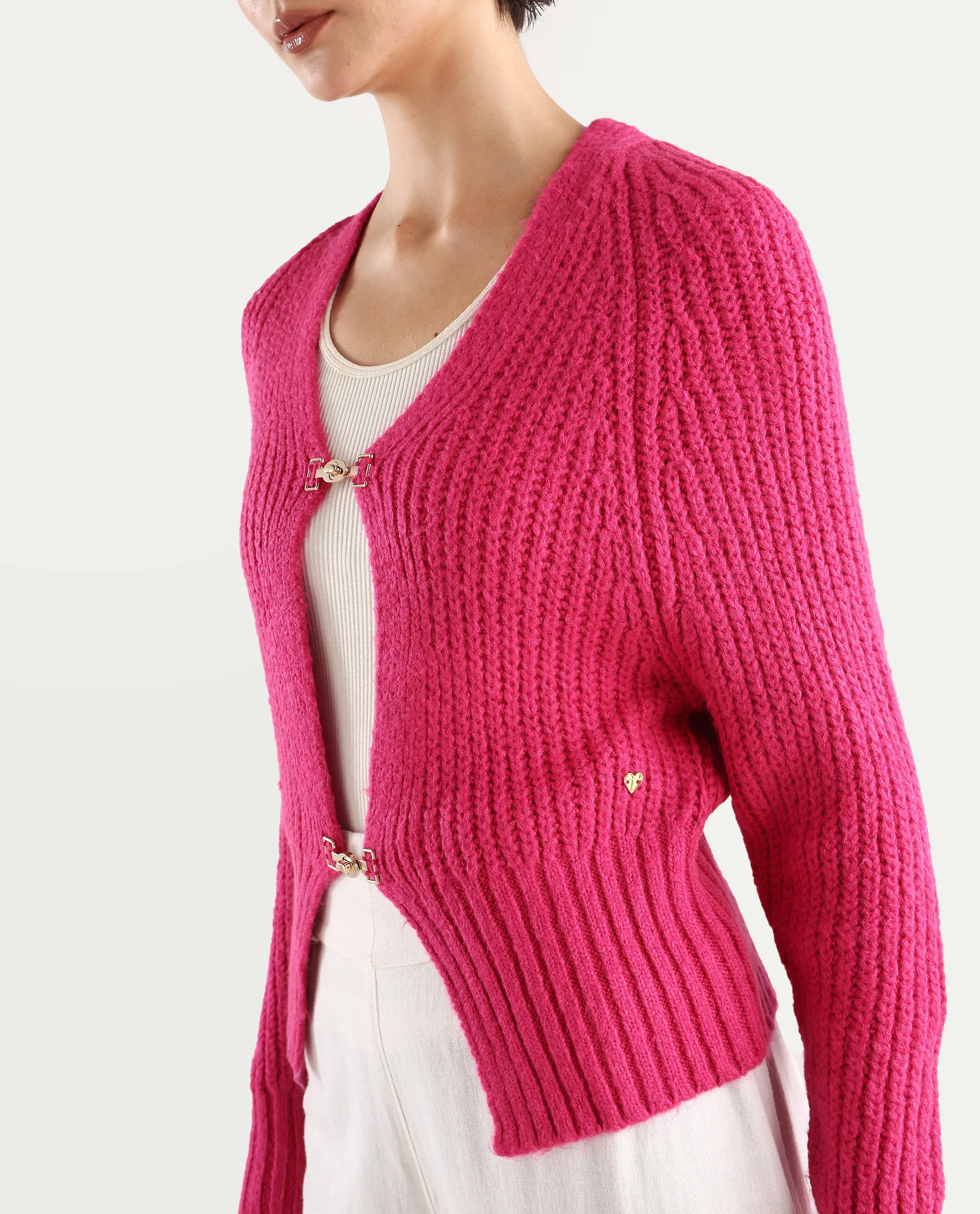 Rareism Women's Okali Pink V-Neck Plain Regular Fit Cardigan - Image 4