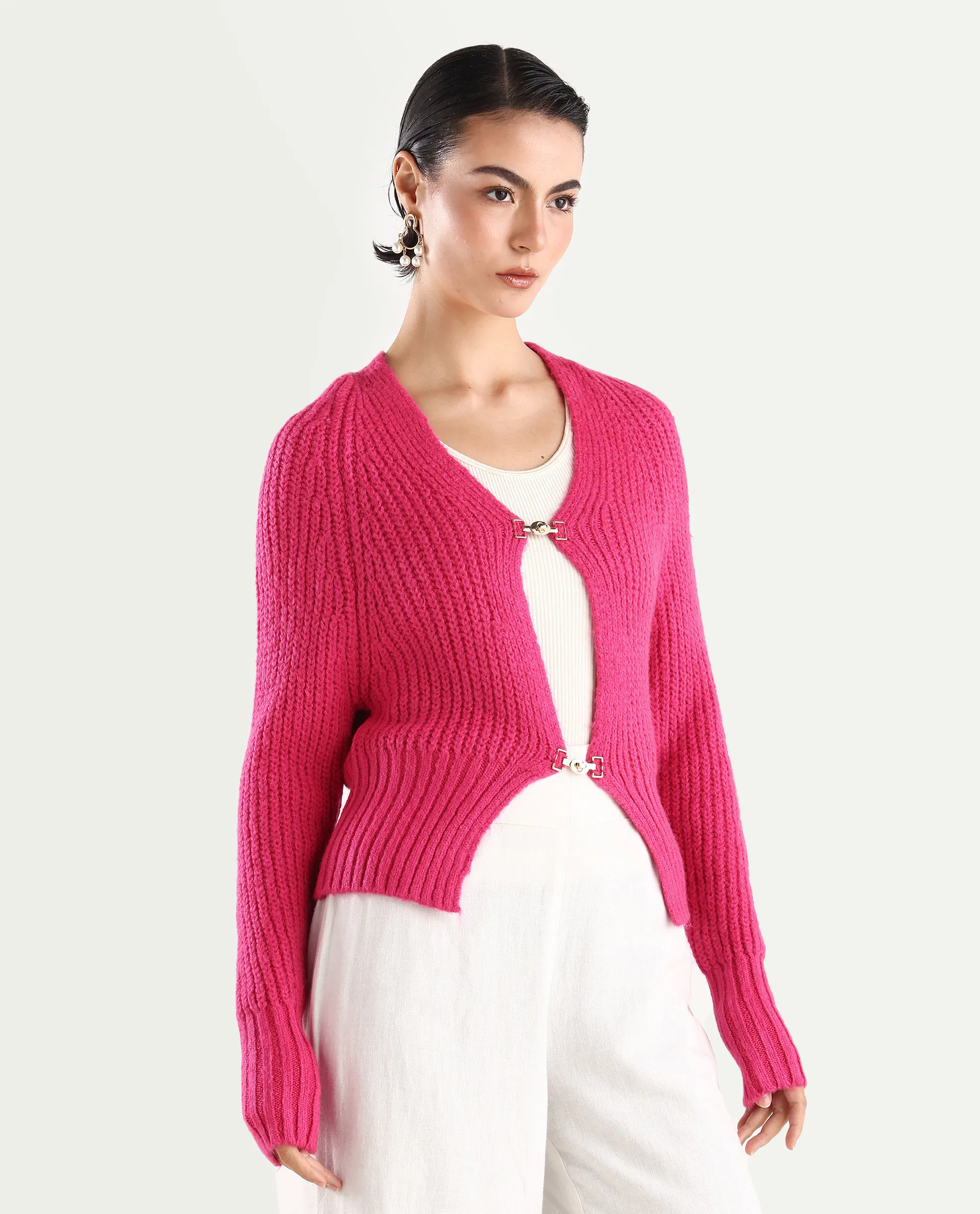 Rareism Women's Okali Pink V-Neck Plain Regular Fit Cardigan - Image 5