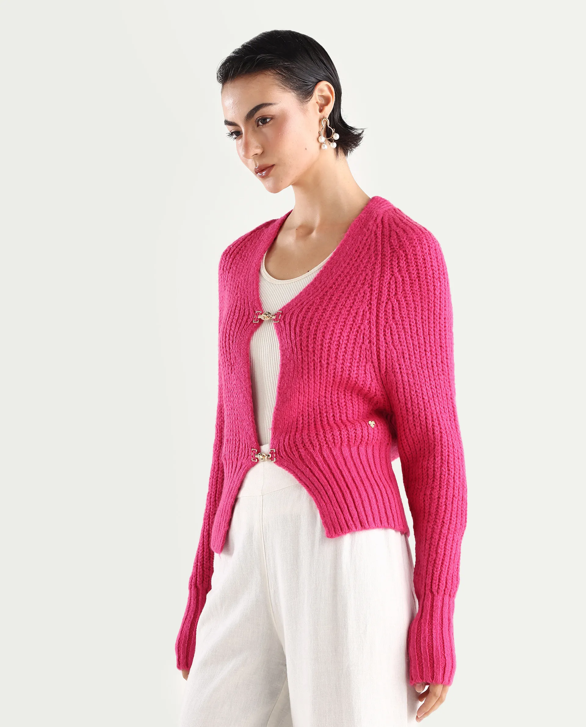 Rareism Women's Okali Pink V-Neck Plain Regular Fit Cardigan - Image 6