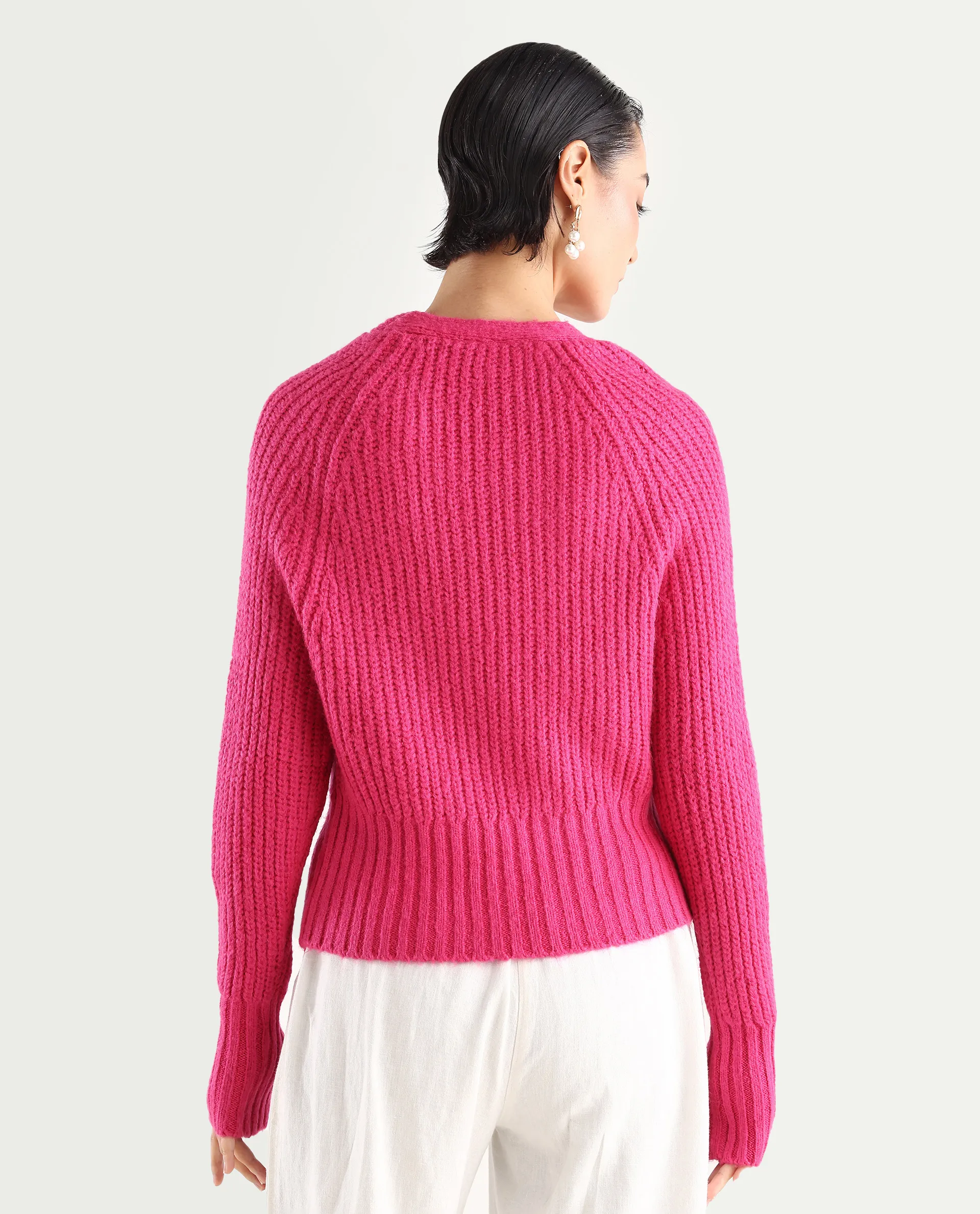 Rareism Women's Okali Pink V-Neck Plain Regular Fit Cardigan - Image 7