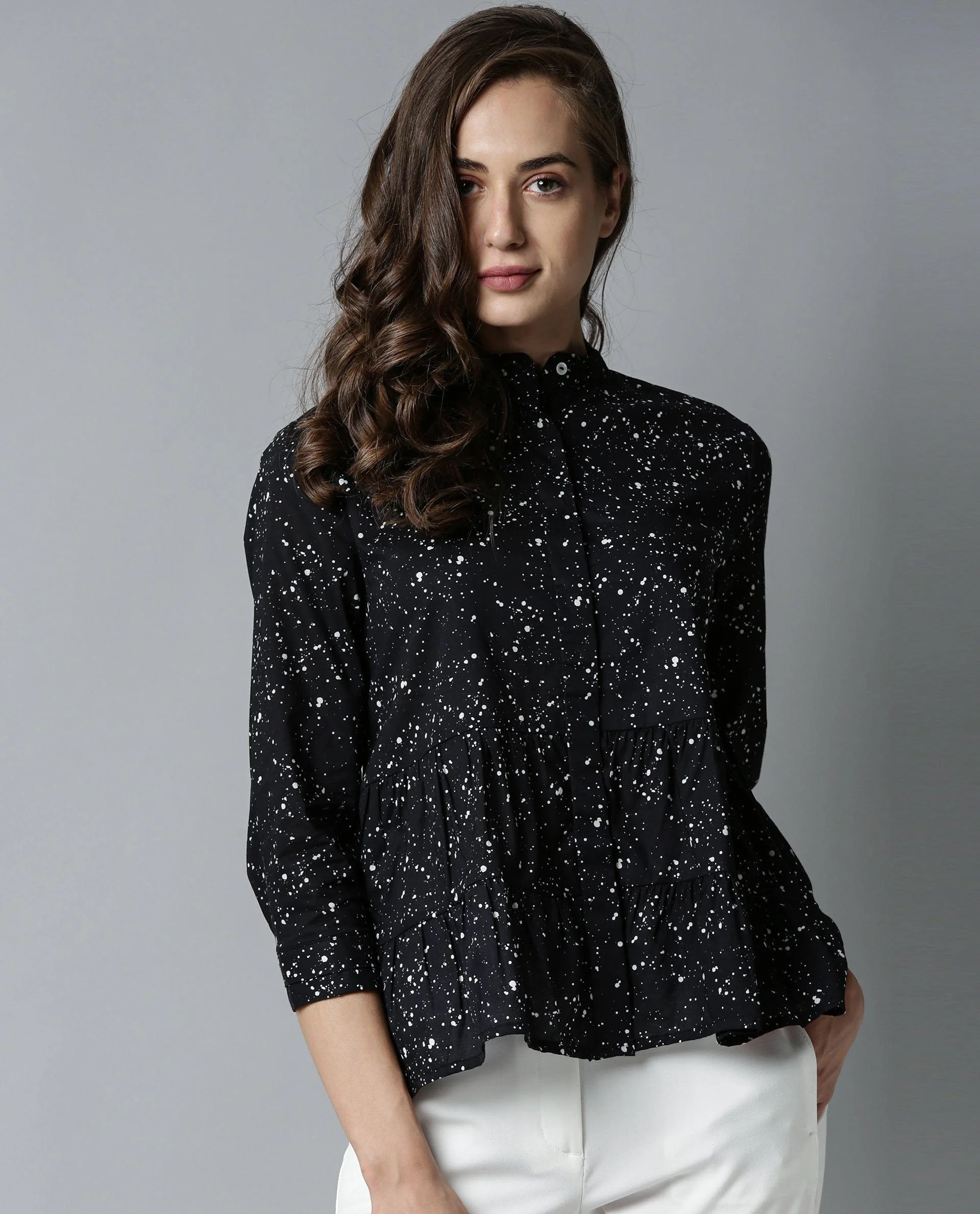 Rareism Women Ola Black Top Full Sleeves Printed