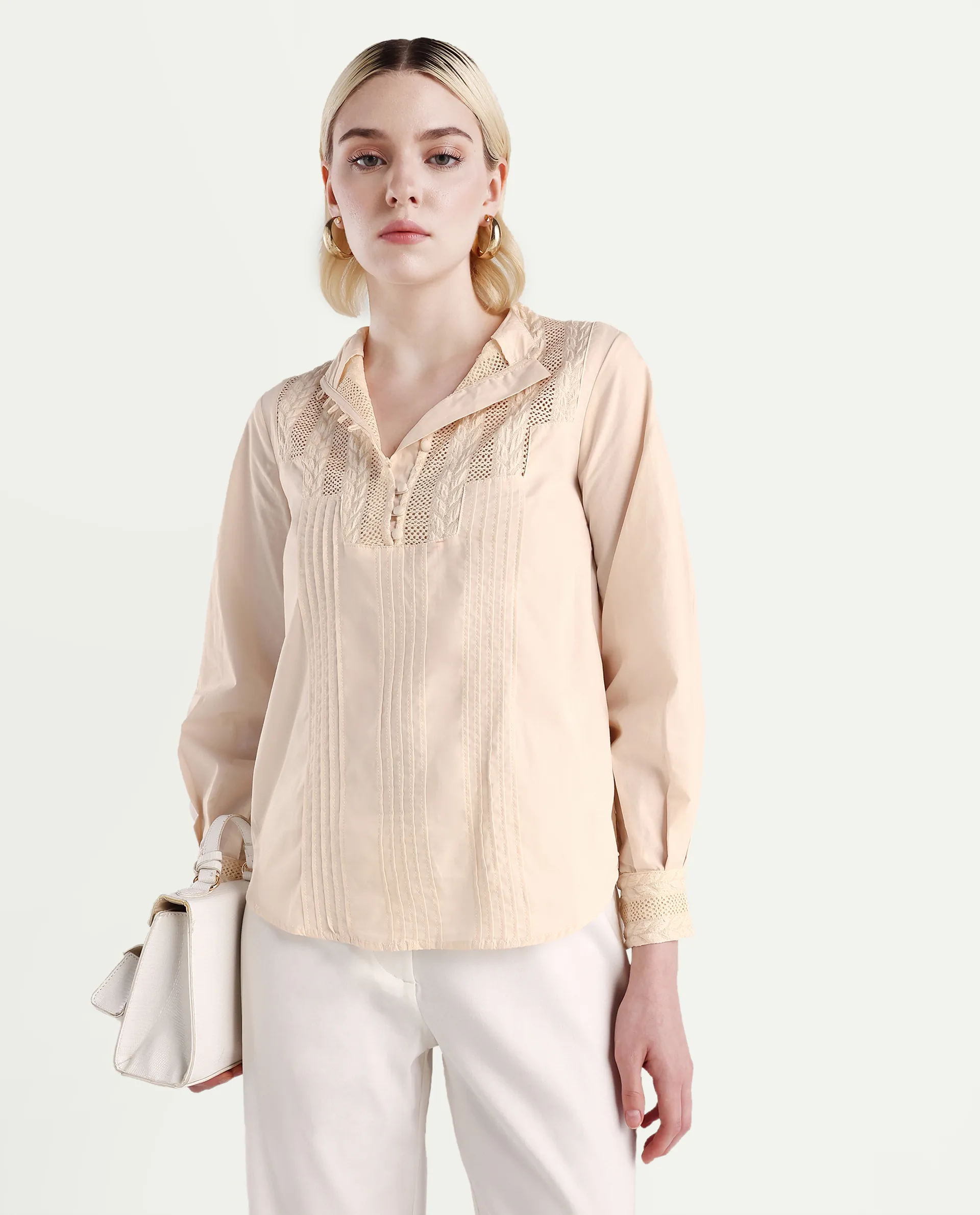 Rareism Women's Olafi Beige Cotton High Neck Plain Bishop Sleeve Regular Fit Top