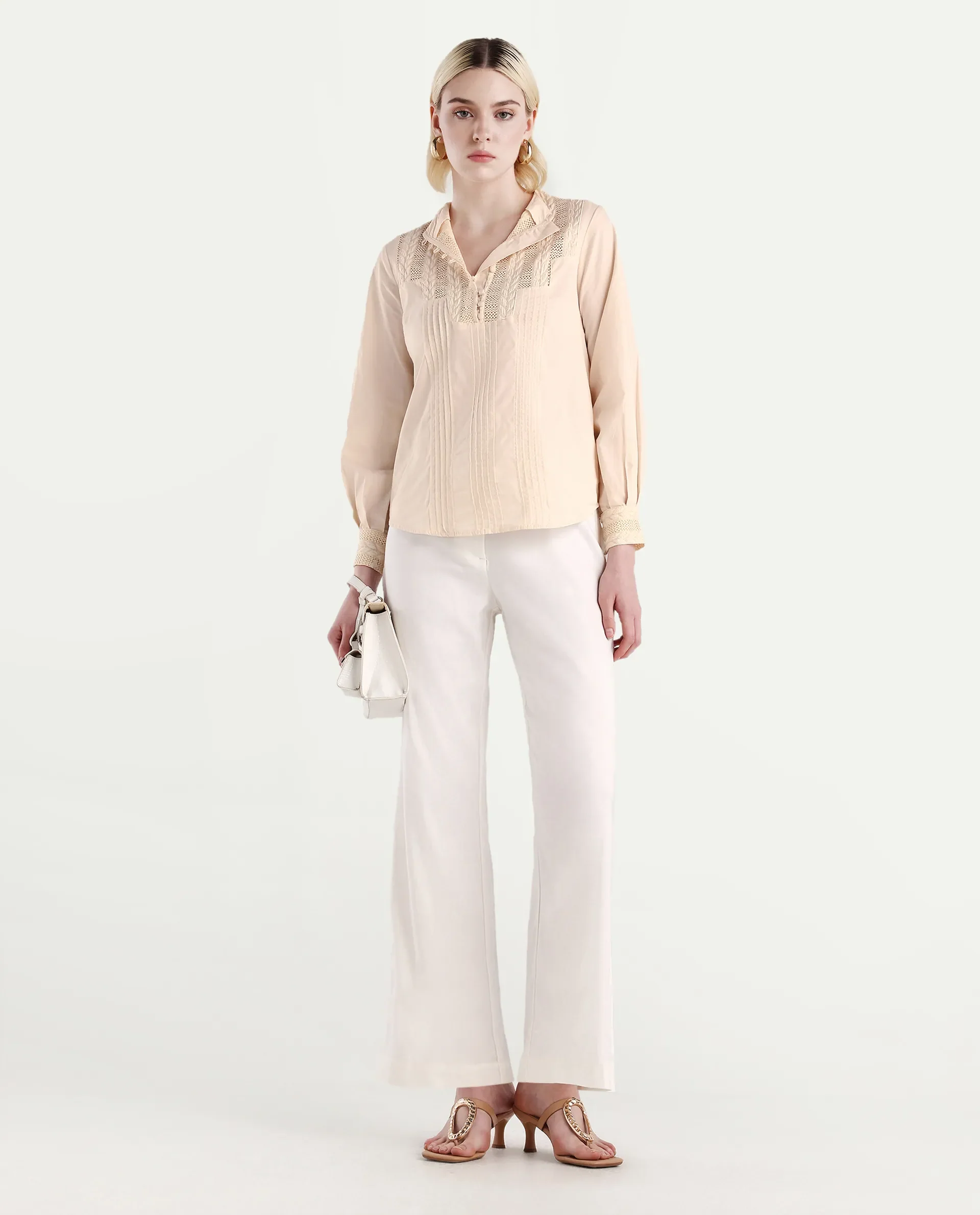 Rareism Women's Olafi Beige Cotton High Neck Plain Bishop Sleeve Regular Fit Top - Image 2