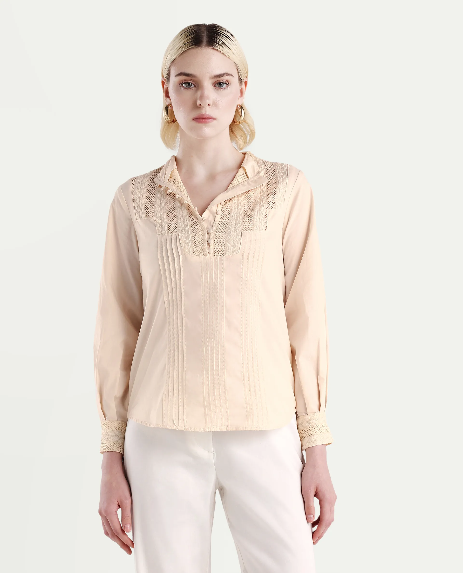 Rareism Women's Olafi Beige Cotton High Neck Plain Bishop Sleeve Regular Fit Top - Image 3