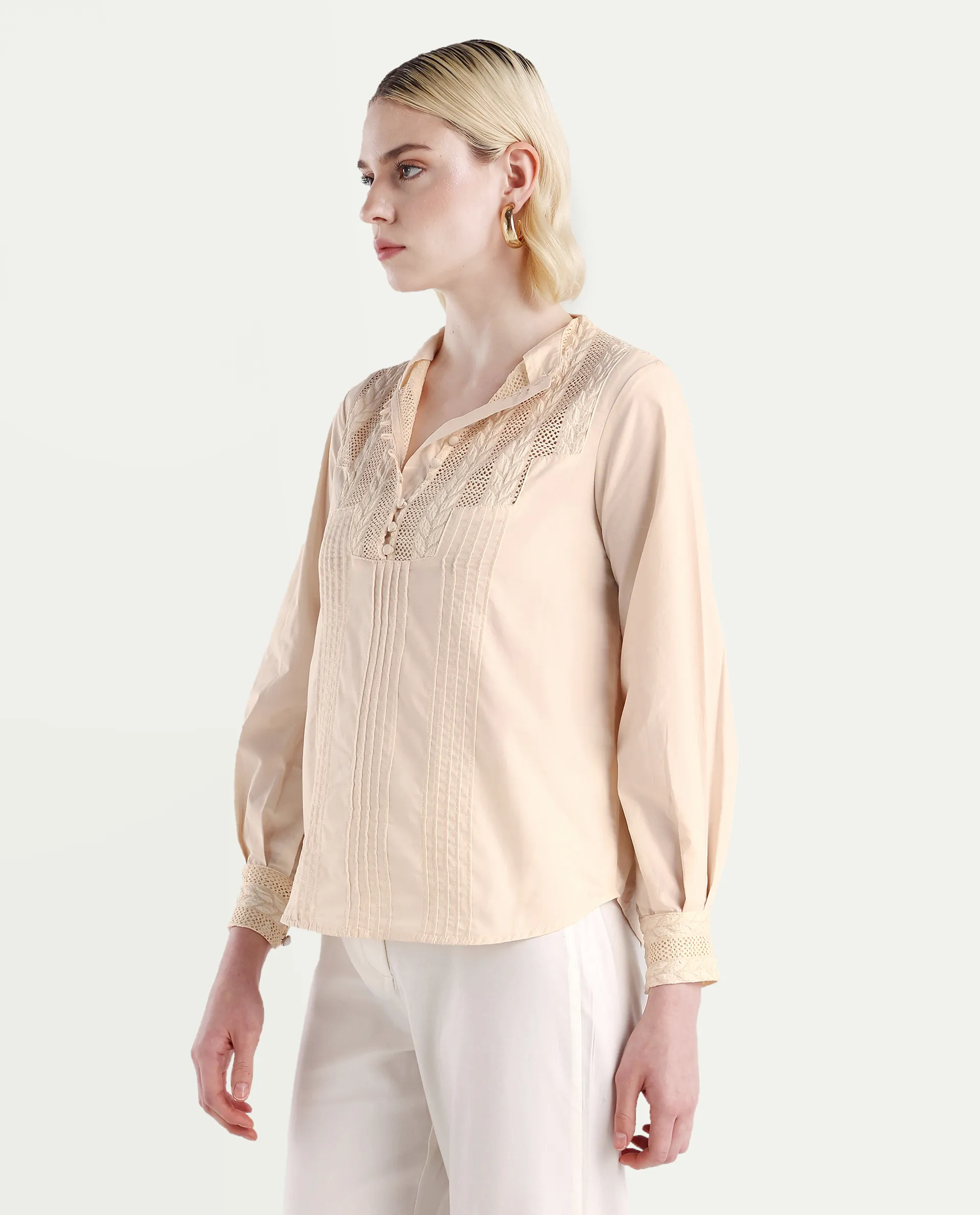 Rareism Women's Olafi Beige Cotton High Neck Plain Bishop Sleeve Regular Fit Top - Image 4