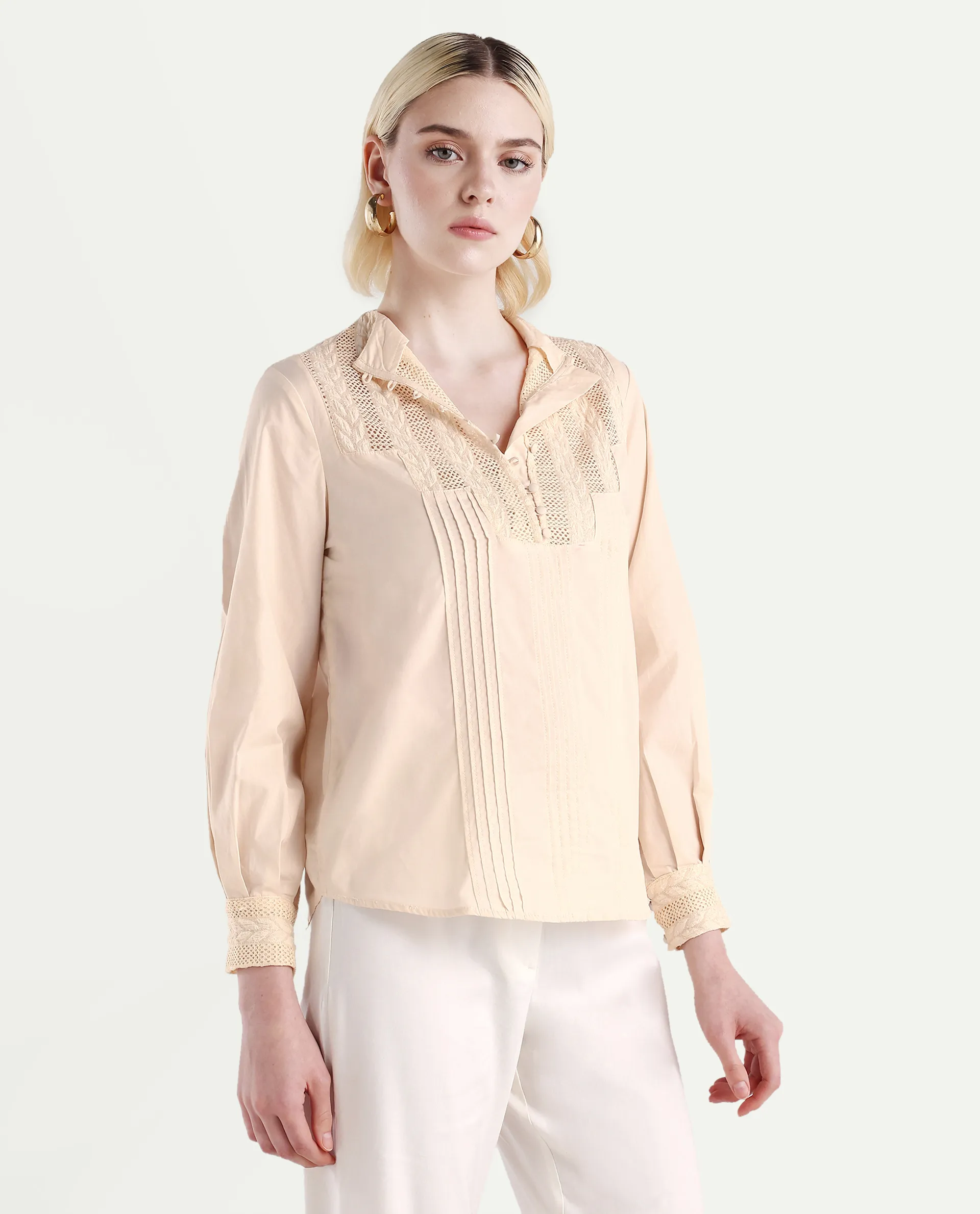 Rareism Women's Olafi Beige Cotton High Neck Plain Bishop Sleeve Regular Fit Top - Image 5
